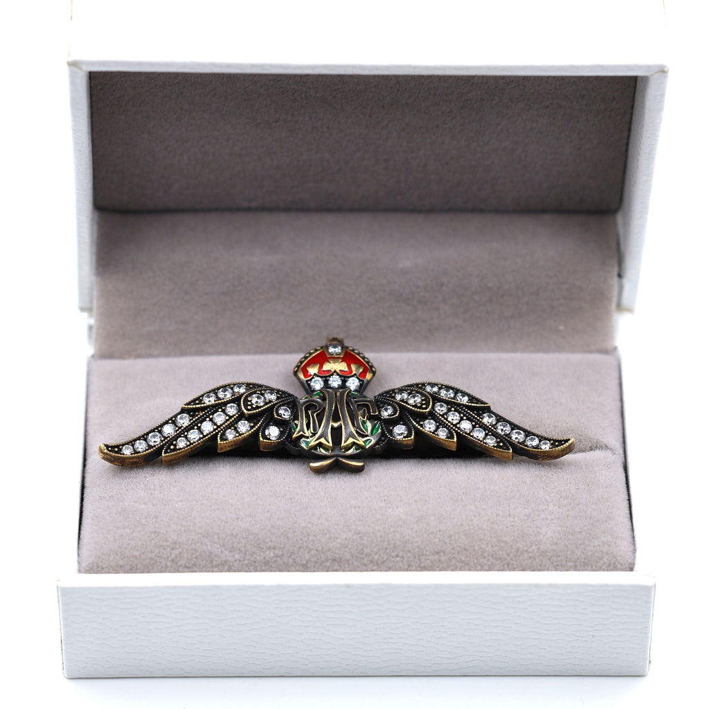 Cased Uk RAF Pilot Wings Brooch – Gold-Tone, Rhinestones & Enamel Crown () detail view 13