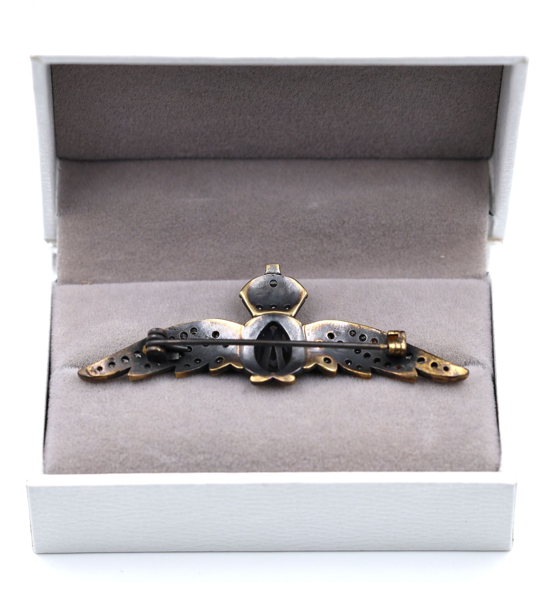 Cased Uk RAF Pilot Wings Brooch – Gold-Tone, Rhinestones & Enamel Crown () detail view 4