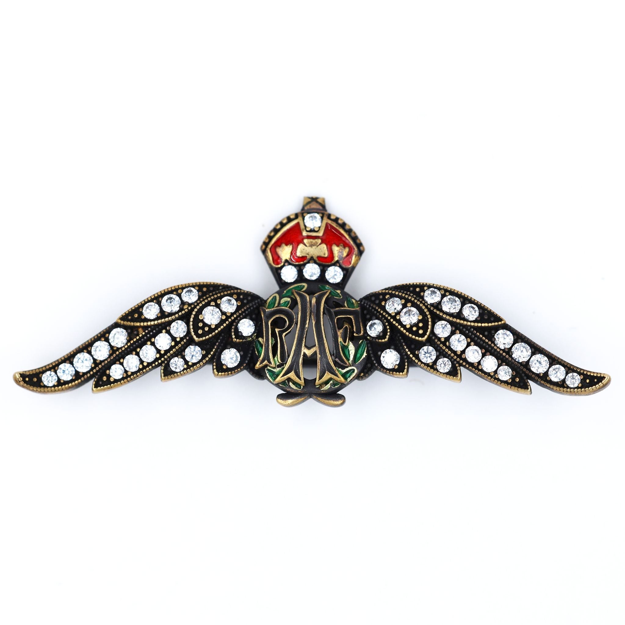 Cased Uk RAF Pilot Wings Brooch – Gold-Tone, Rhinestones & Enamel Crown () detail view 3