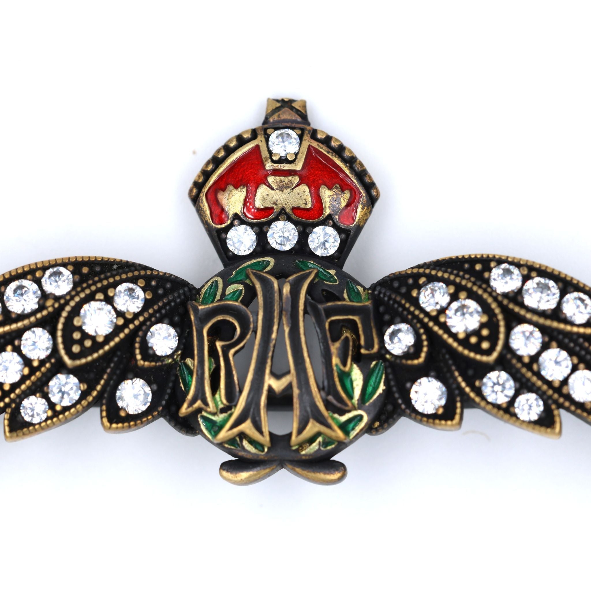 Cased Uk RAF Pilot Wings Brooch – Gold-Tone, Rhinestones & Enamel Crown () detail view 9
