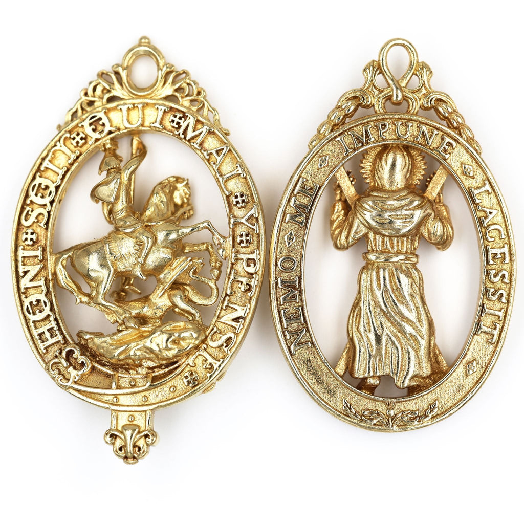 Pair British Order of the Garter & Thistle Pendants Brass Badges detail view 2