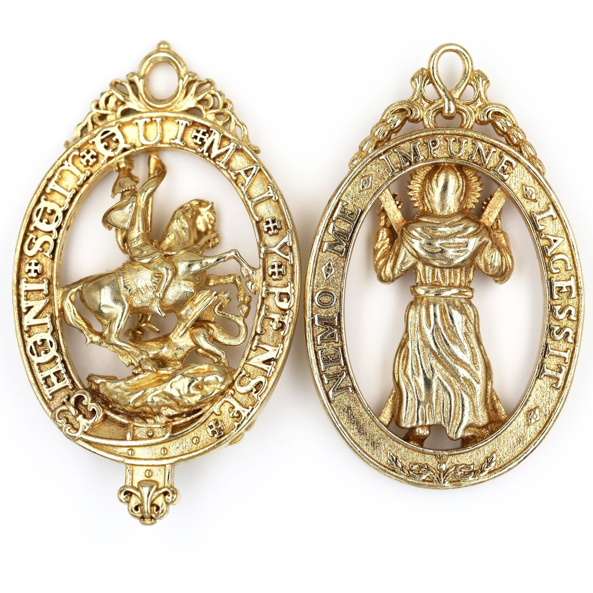 Pair British Order of the Garter & Thistle Pendants Brass Badges detail view 2