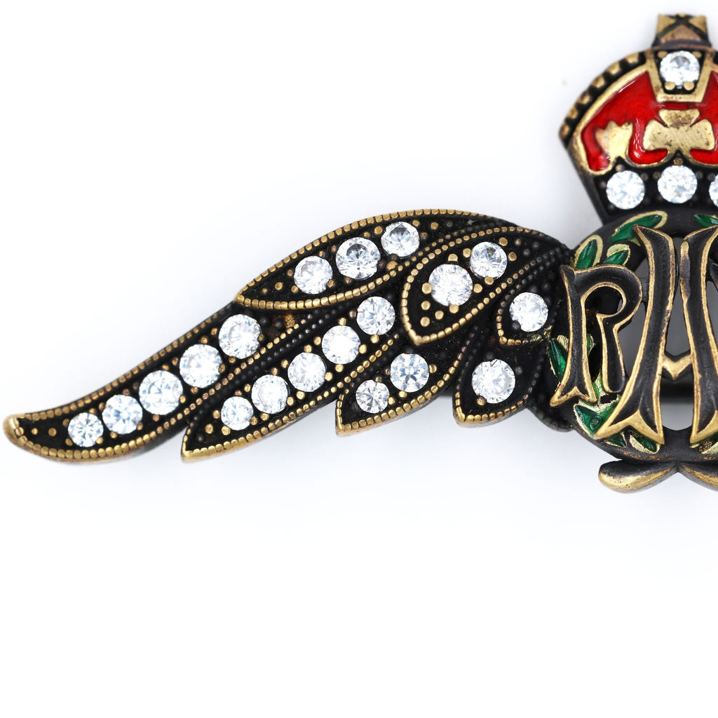 Cased Uk RAF Pilot Wings Brooch – Gold-Tone, Rhinestones & Enamel Crown () detail view 11