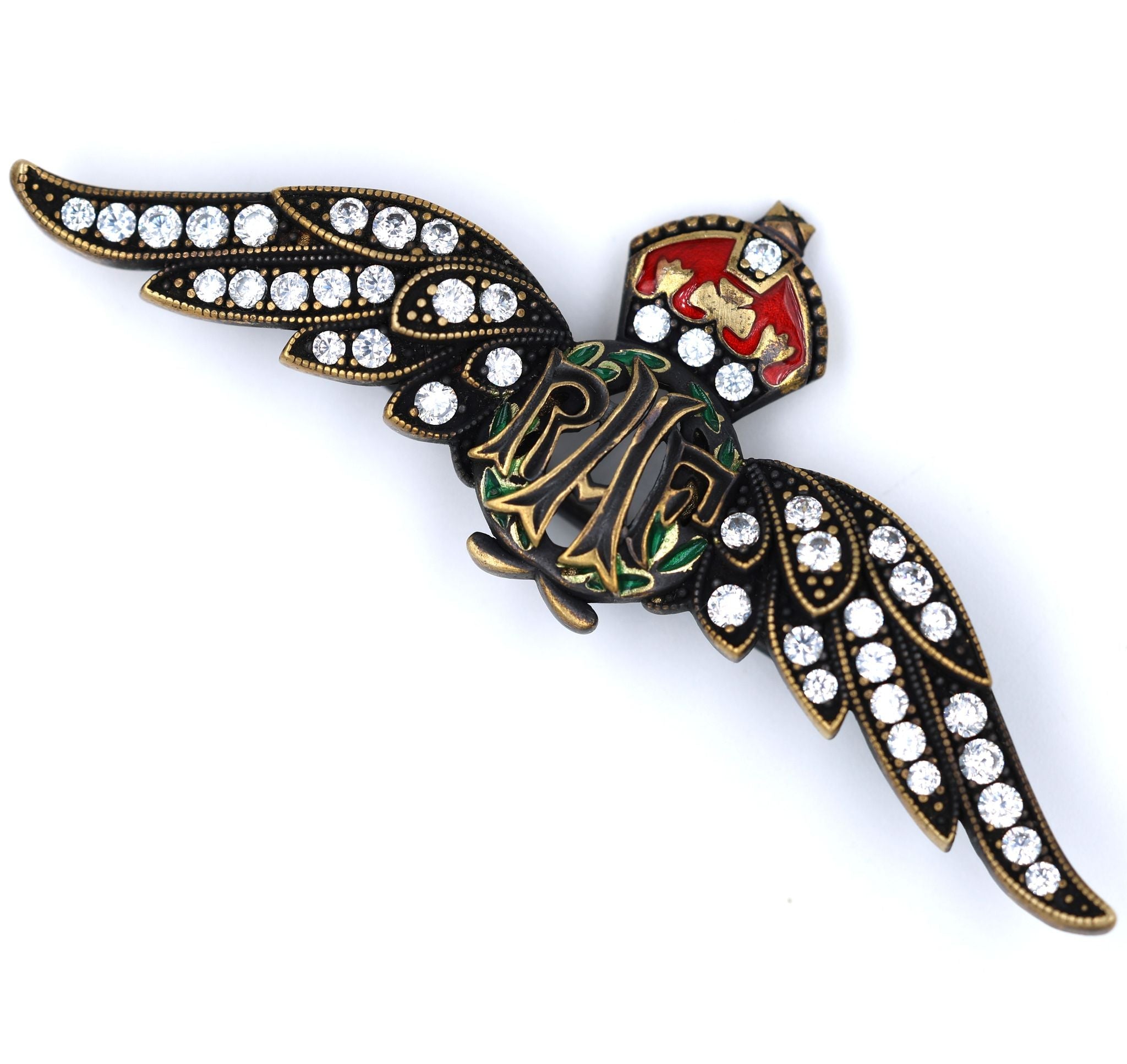 Cased Uk RAF Pilot Wings Brooch – Gold-Tone, Rhinestones & Enamel Crown () detail view 5