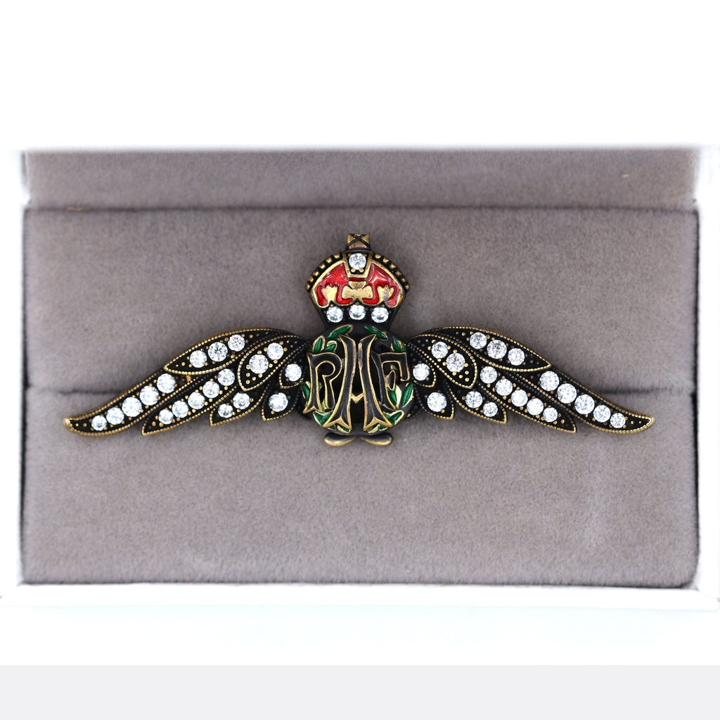 Cased Uk RAF Pilot Wings Brooch – Gold-Tone, Rhinestones & Enamel Crown () reproduction
