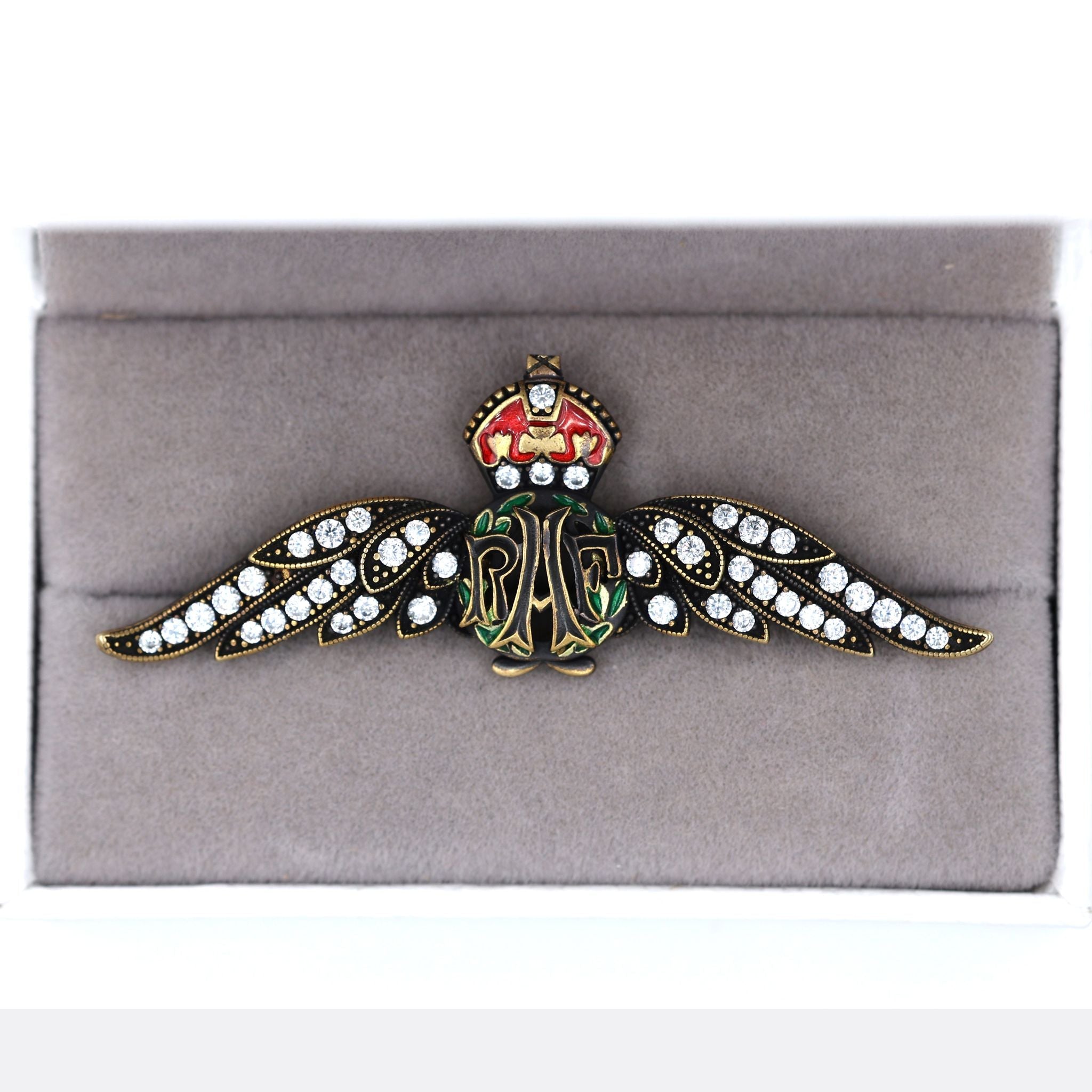 Cased Uk RAF Pilot Wings Brooch – Gold-Tone, Rhinestones & Enamel Crown () reproduction