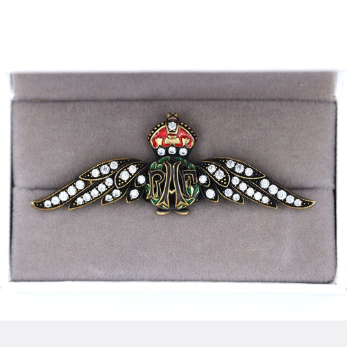 Cased Uk RAF Pilot Wings Brooch – Gold-Tone, Rhinestones & Enamel Crown () reproduction