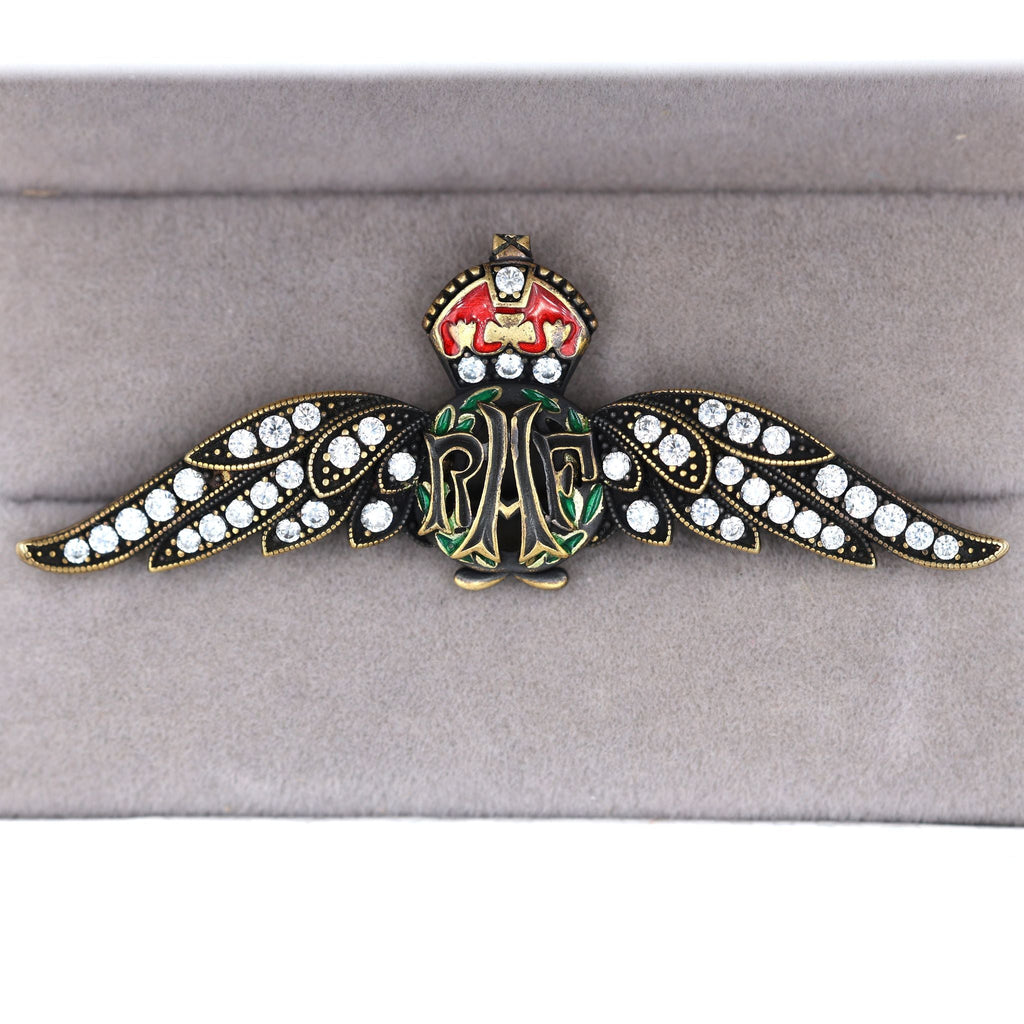 Cased Uk RAF Pilot Wings Brooch – Gold-Tone, Rhinestones & Enamel Crown () detail view 14