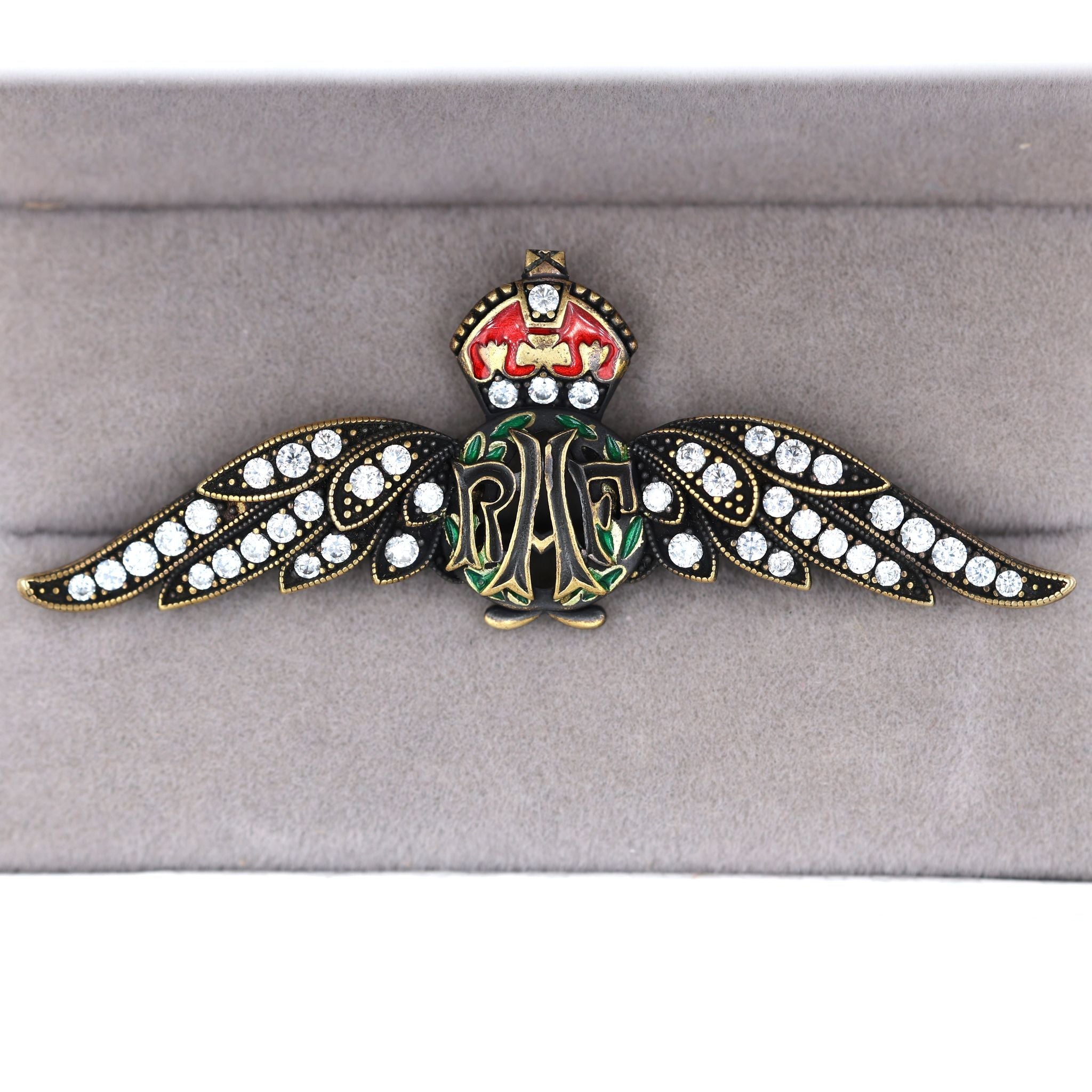 Cased Uk RAF Pilot Wings Brooch – Gold-Tone, Rhinestones & Enamel Crown () detail view 14