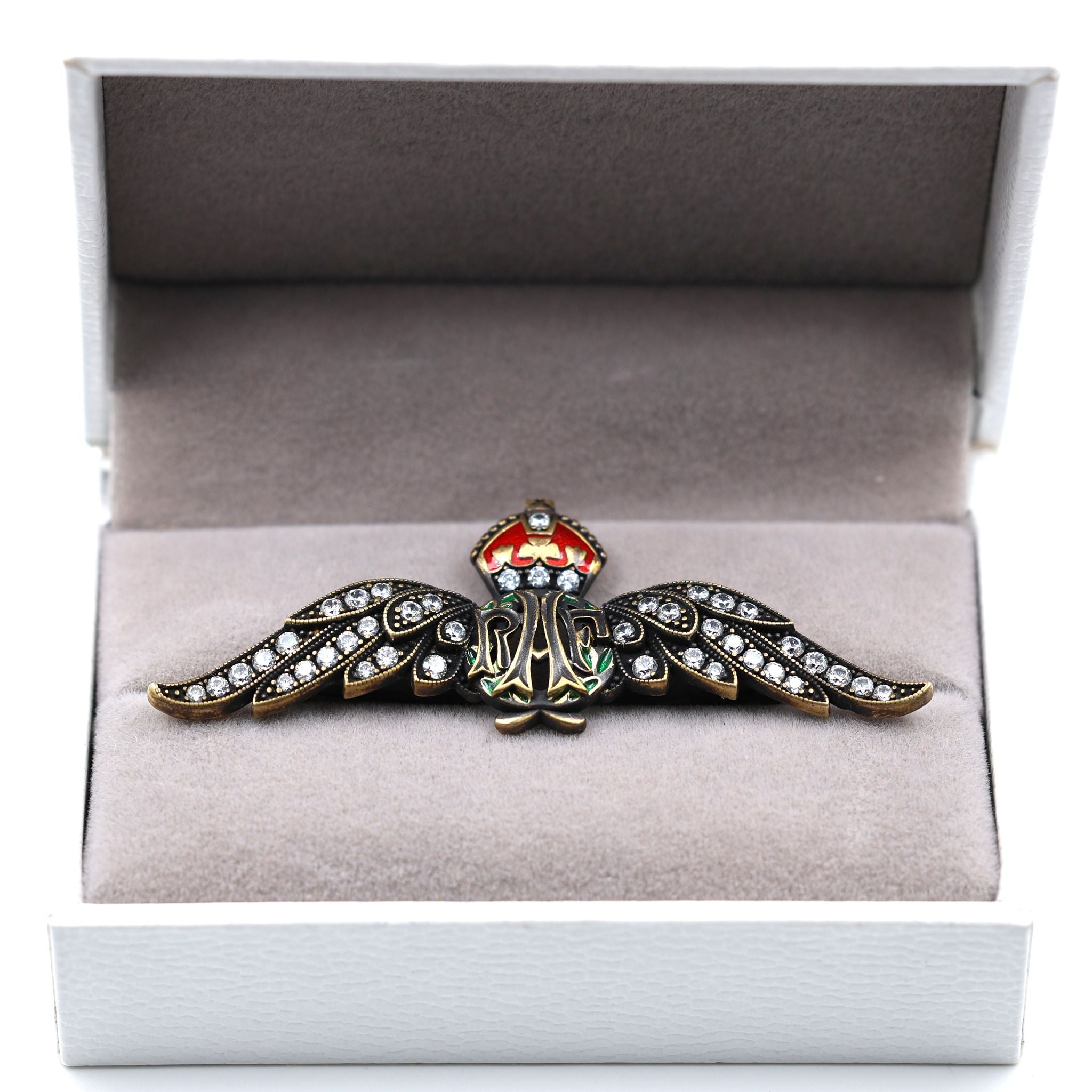 Cased Uk RAF Pilot Wings Brooch – Gold-Tone, Rhinestones & Enamel Crown () detail view 12