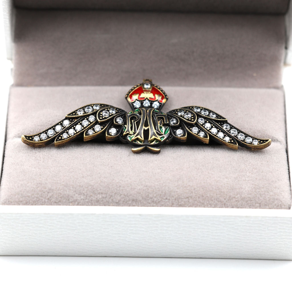 Cased Uk RAF Pilot Wings Brooch – Gold-Tone, Rhinestones & Enamel Crown () detail view 2