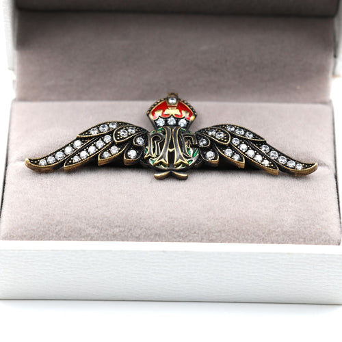 Cased Uk RAF Pilot Wings Brooch – Gold-Tone, Rhinestones & Enamel Crown () detail view 2