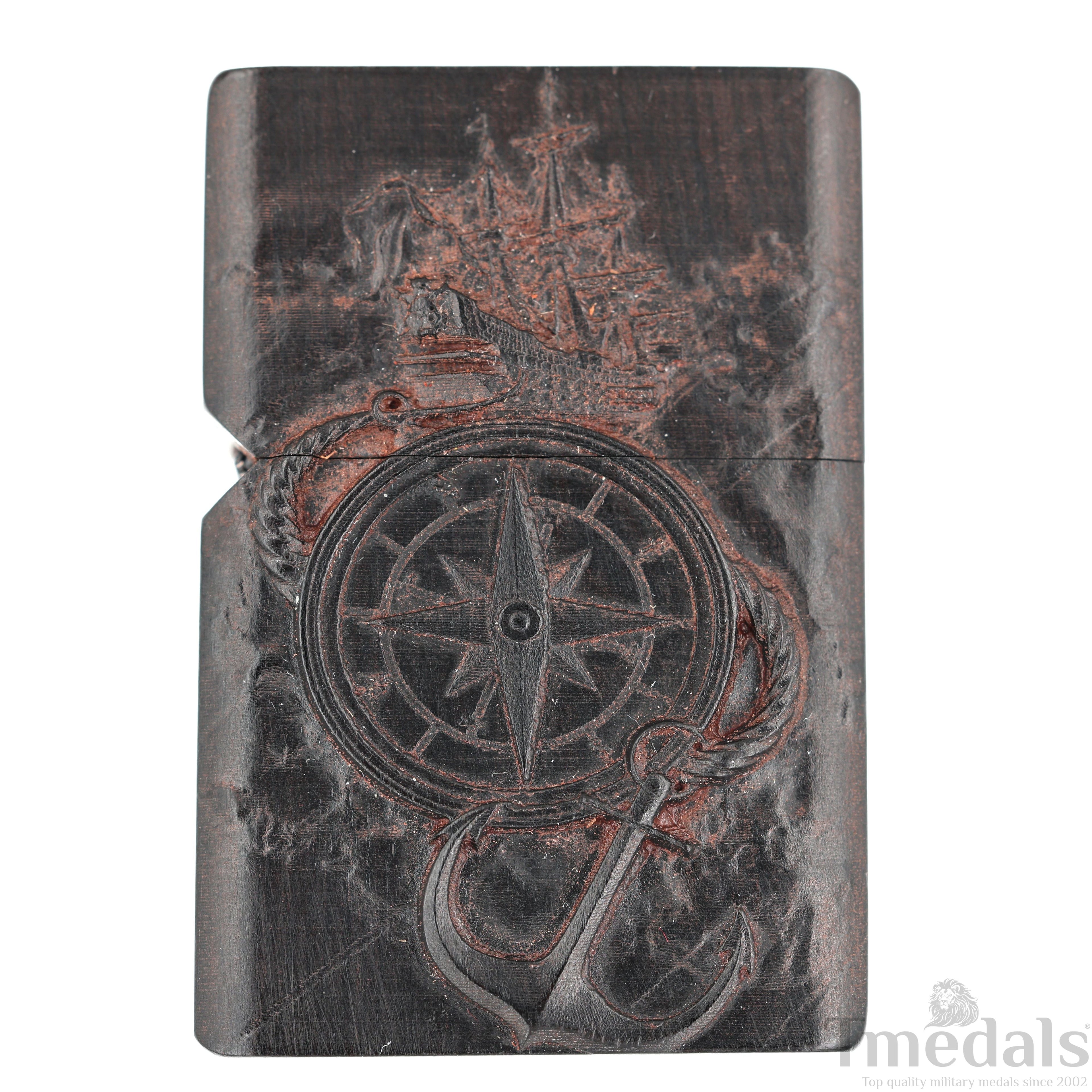 Hand-Carved U.S. Navy Inspired Wooden Lighter Case – Fits Standard Metal Insert – No Insert detail view 2