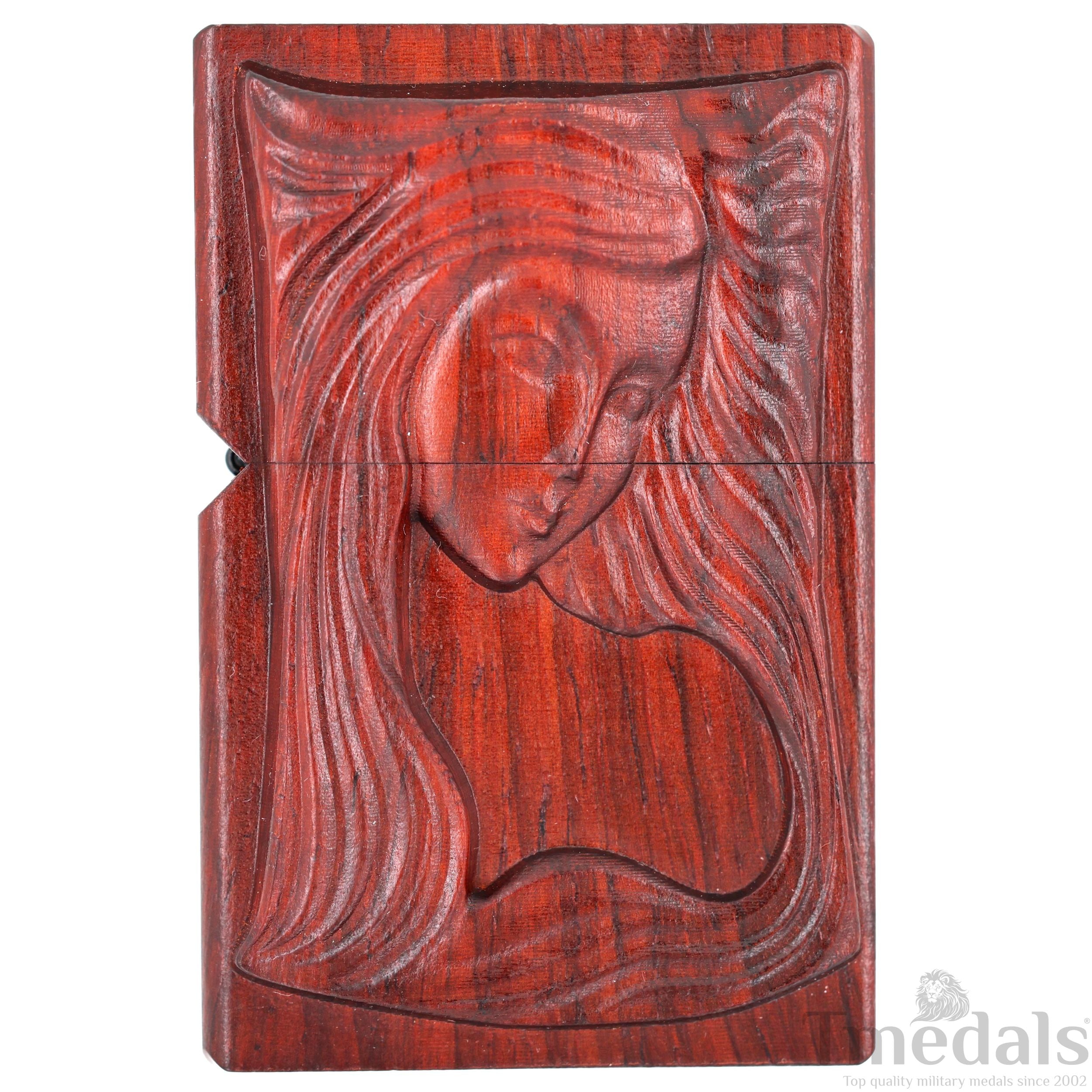 Hand-Carved Woman's Face Wooden Lighter Case – Fits Standard Insert – No Insert