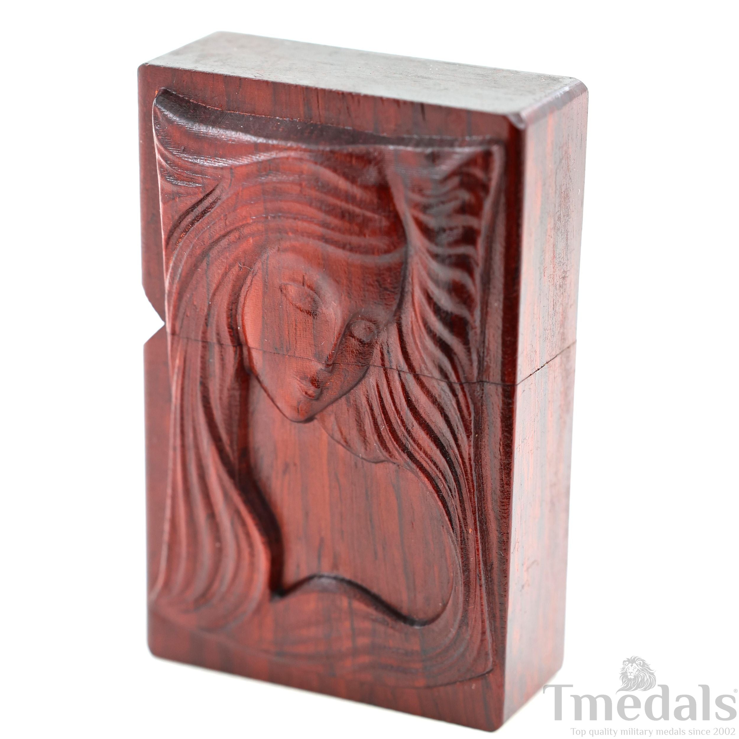 Hand-Carved Woman's Face Wooden Lighter Case – Fits Standard Insert – No Insert detail view 5