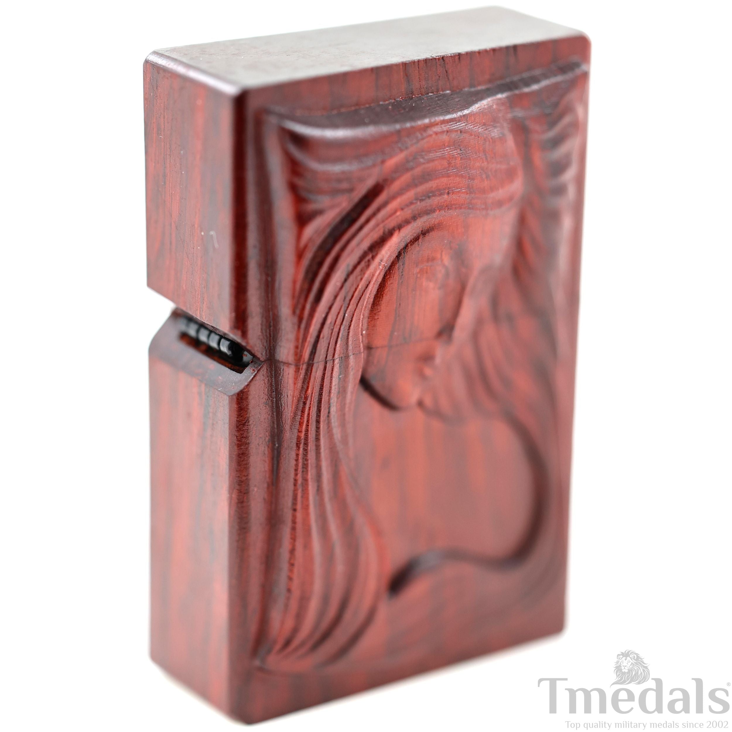 Hand-Carved Woman's Face Wooden Lighter Case – Fits Standard Insert – No Insert detail view 2