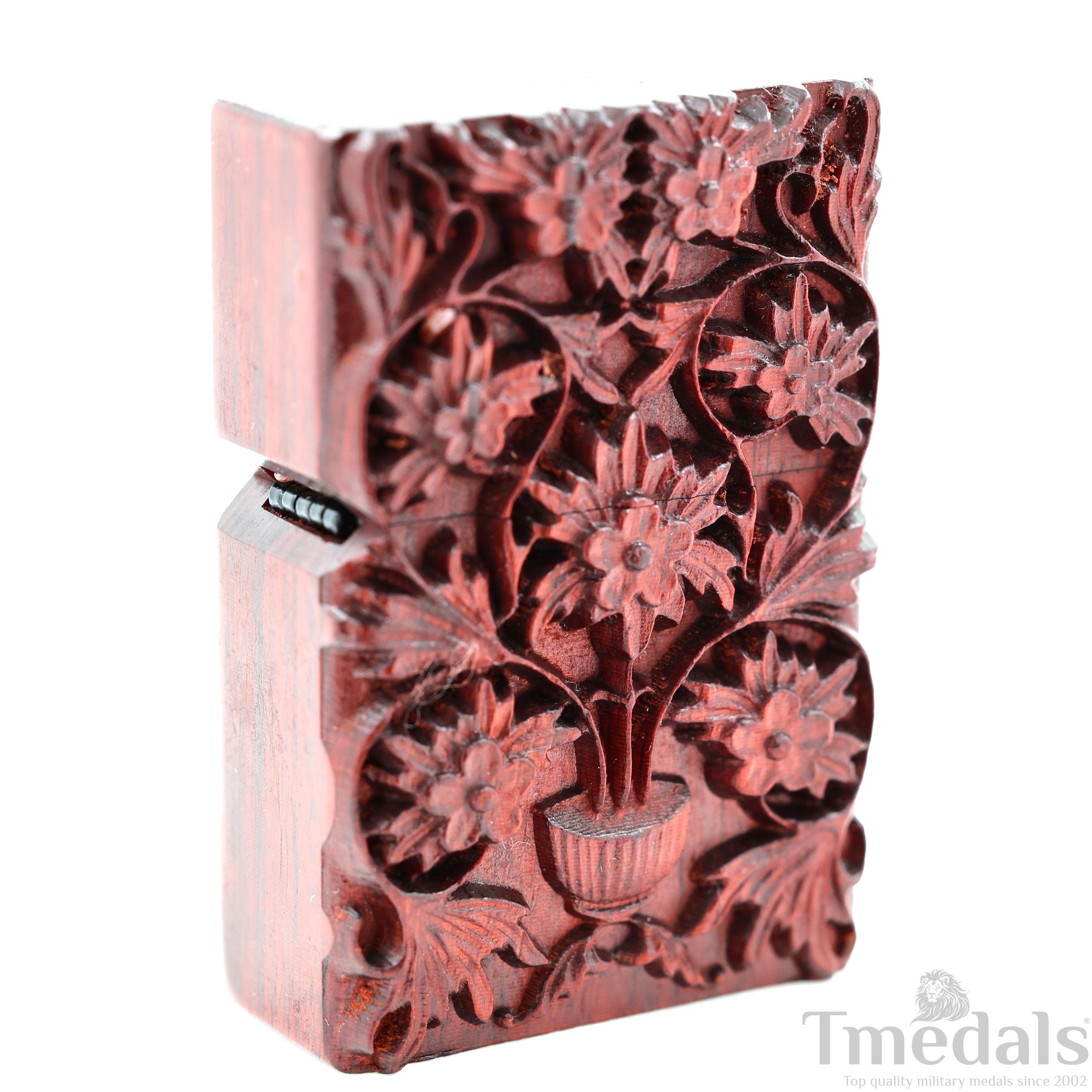 Hand-Carved Floral Wooden Lighter Case – Fits Standard Insert – No Insert detail view 5
