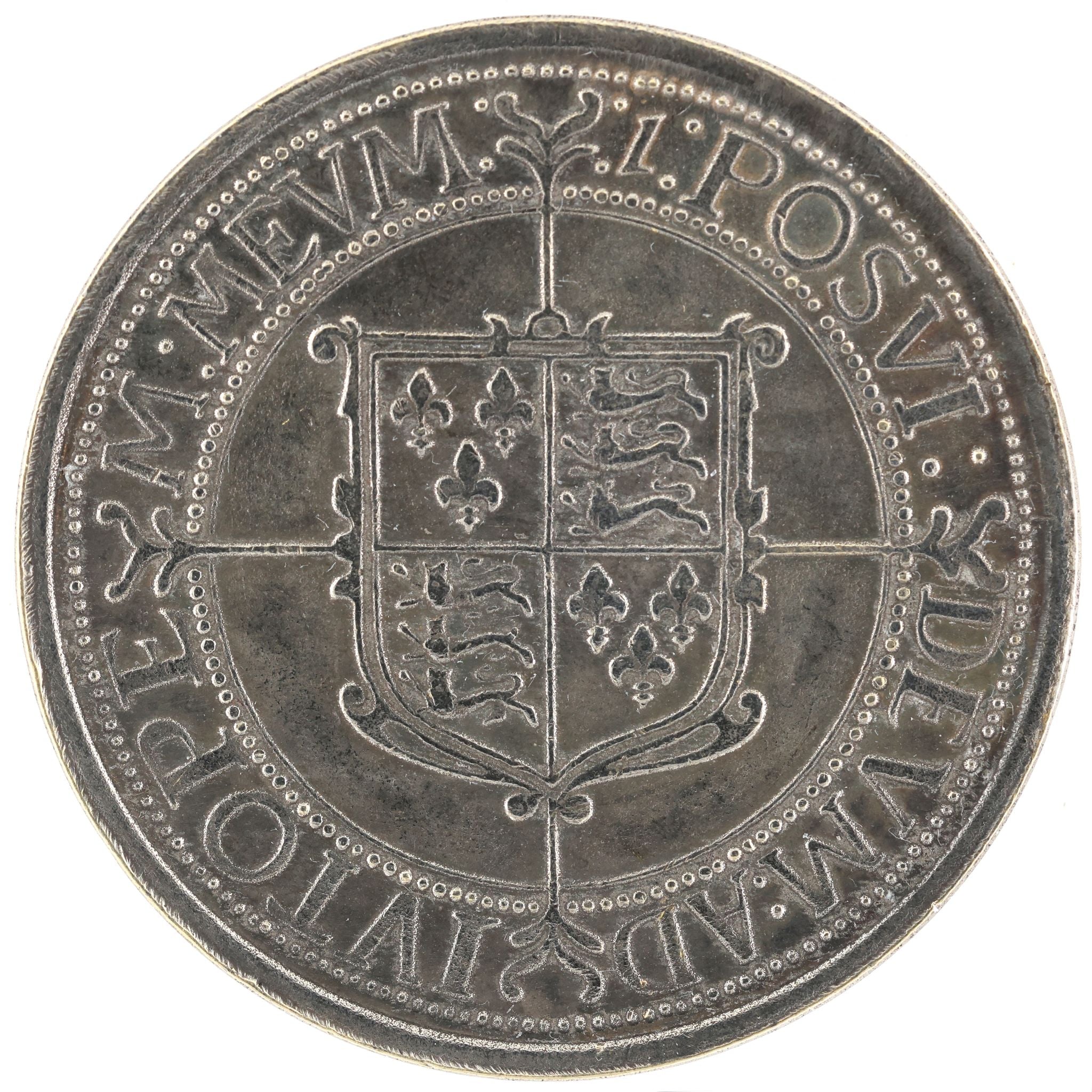 1601 Queen Elizabeth I Sixpence Medal Tudor England Brass Silver Plated detail view 2