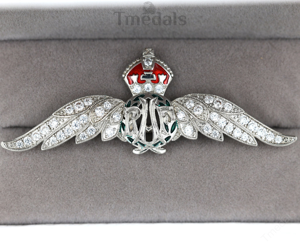 Cased UK RAF Pilot Wings Brooch Silver-Tone, Glass Rhinestones & Enamel detail view 3