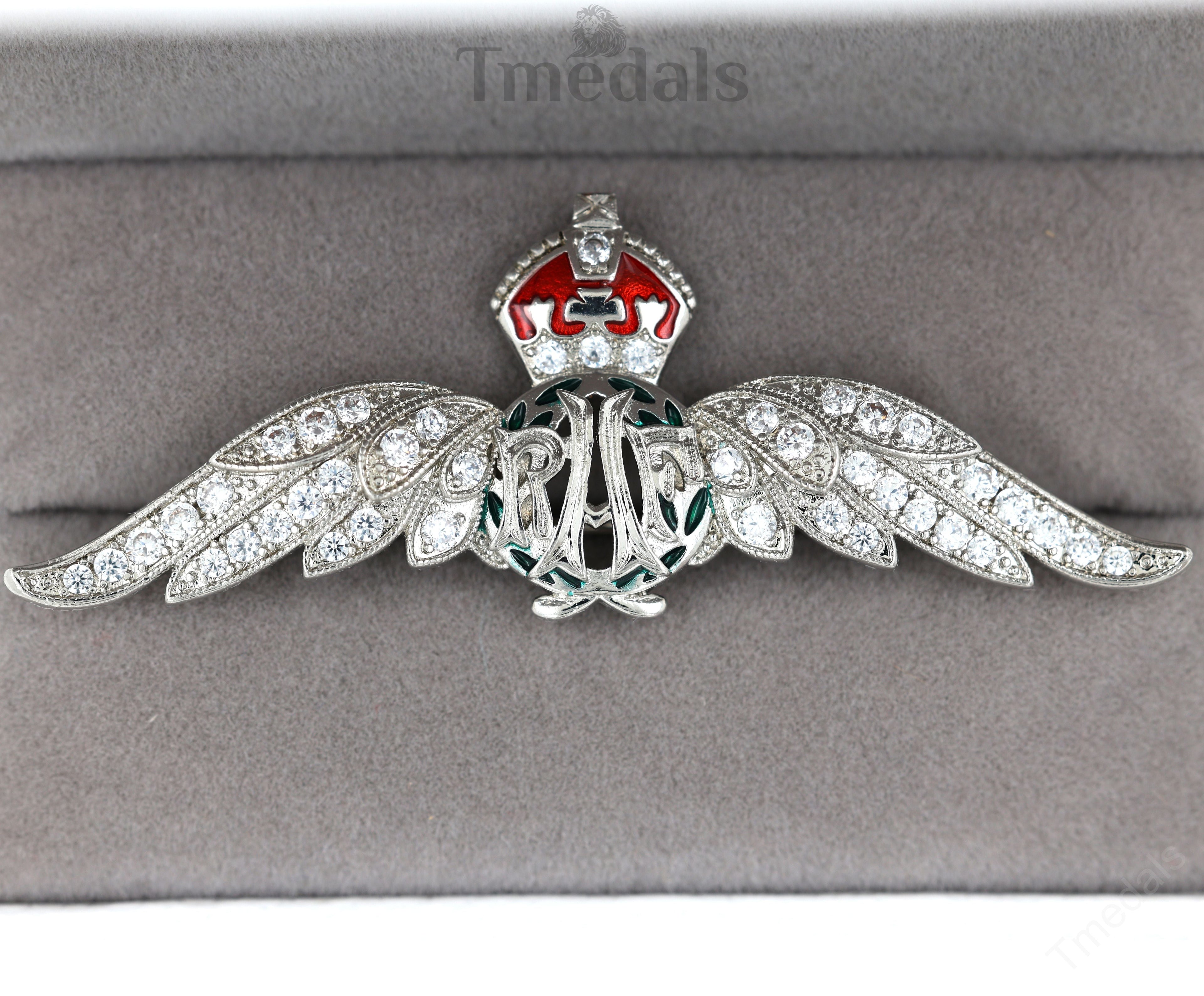 Cased UK RAF Pilot Wings Brooch Silver-Tone, Glass Rhinestones & Enamel detail view 3