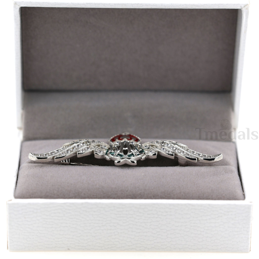 Cased UK RAF Pilot Wings Brooch Silver-Tone, Glass Rhinestones & Enamel detail view 2