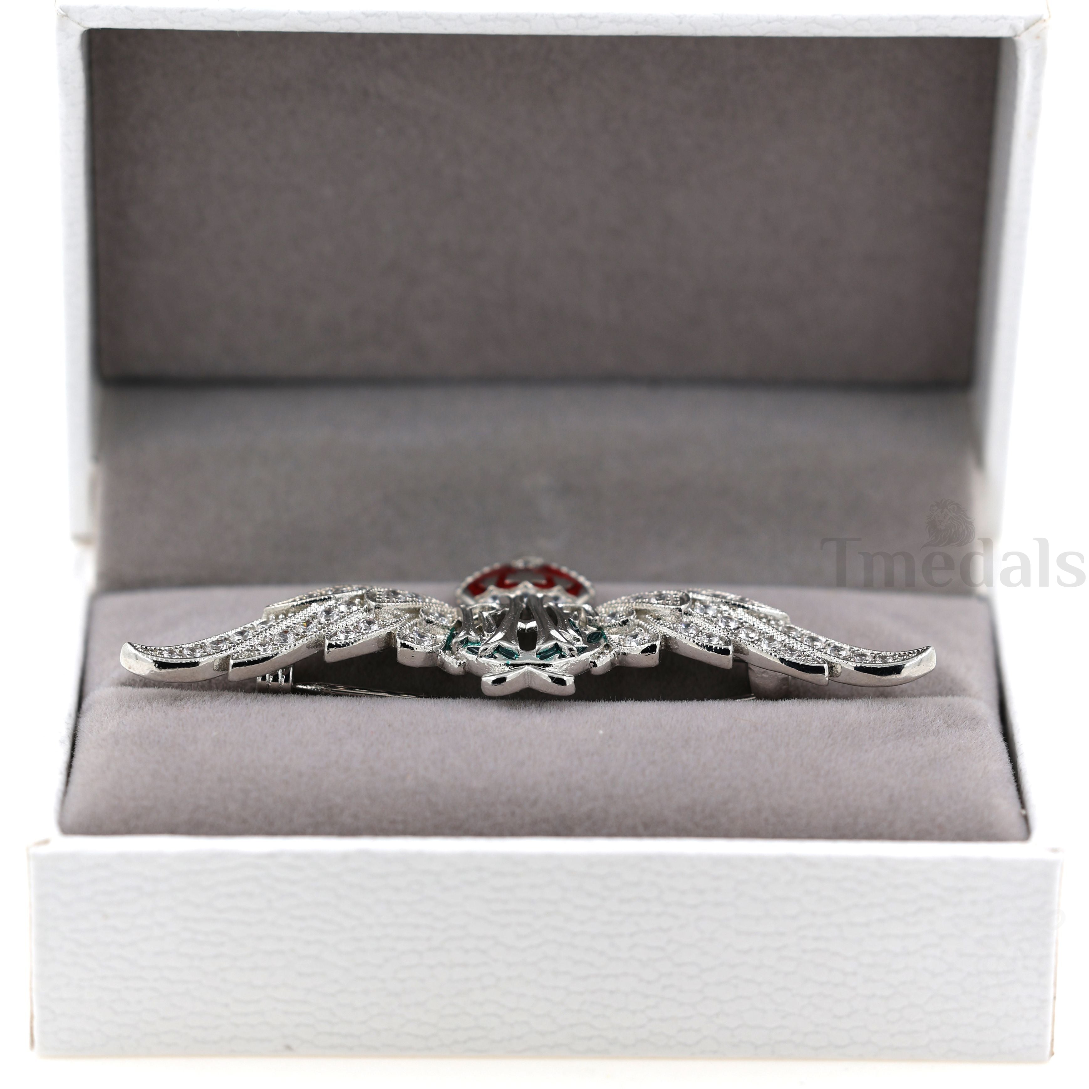 Cased UK RAF Pilot Wings Brooch Silver-Tone, Glass Rhinestones & Enamel detail view 2