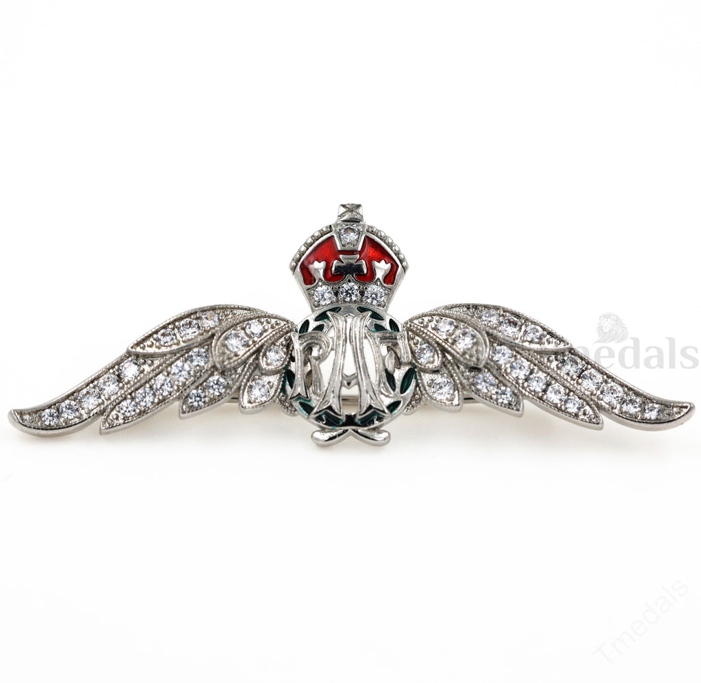 Cased UK RAF Pilot Wings Brooch Silver-Tone, Glass Rhinestones & Enamel detail view 6