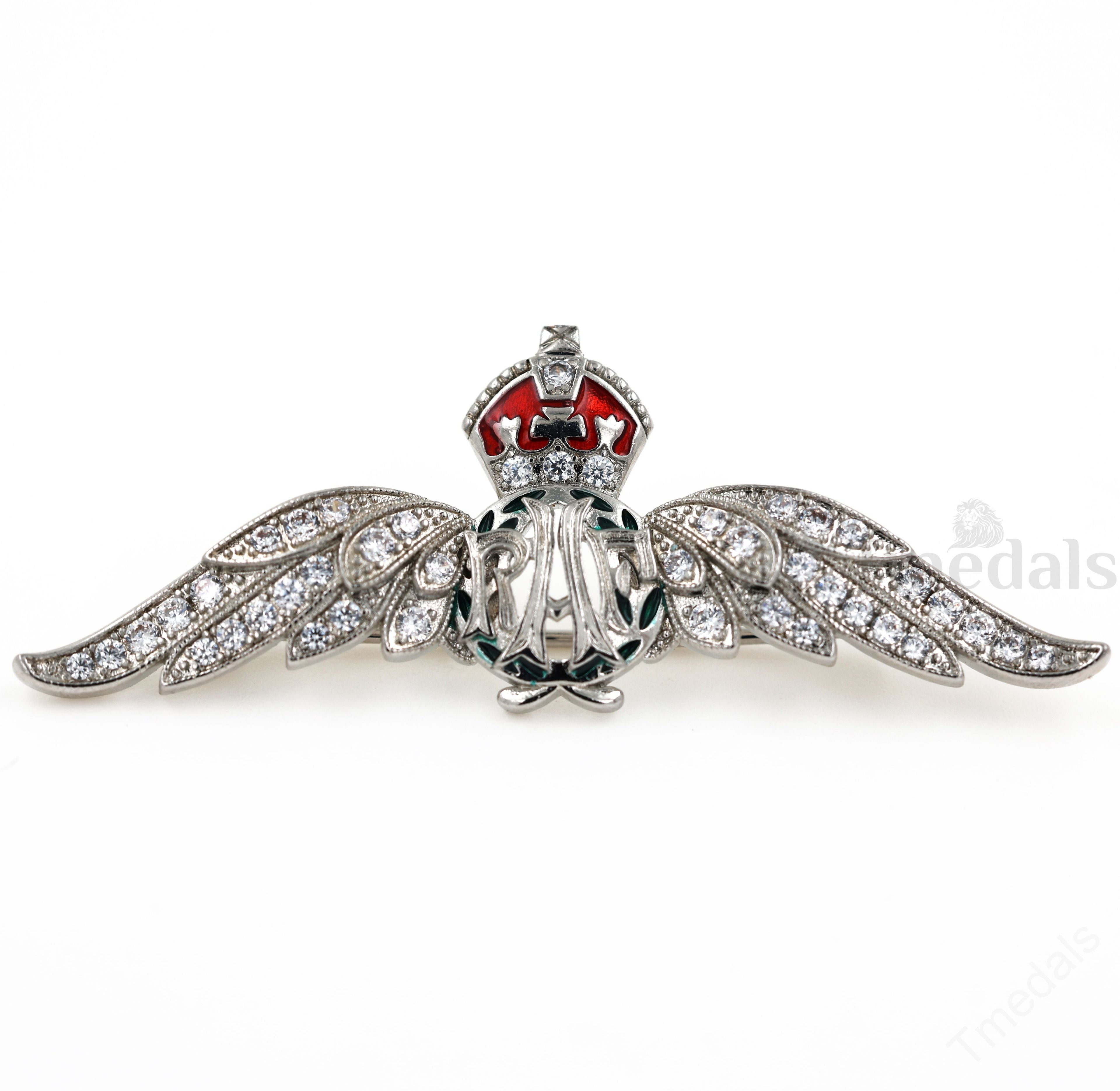 Cased UK RAF Pilot Wings Brooch Silver-Tone, Glass Rhinestones & Enamel detail view 6