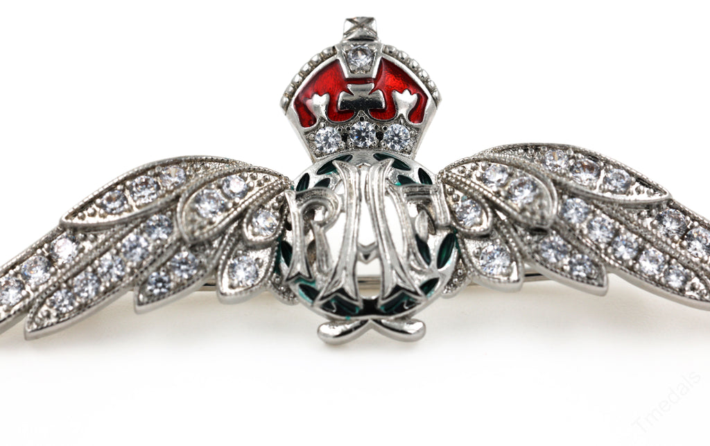 Cased UK RAF Pilot Wings Brooch Silver-Tone, Glass Rhinestones & Enamel detail view 7