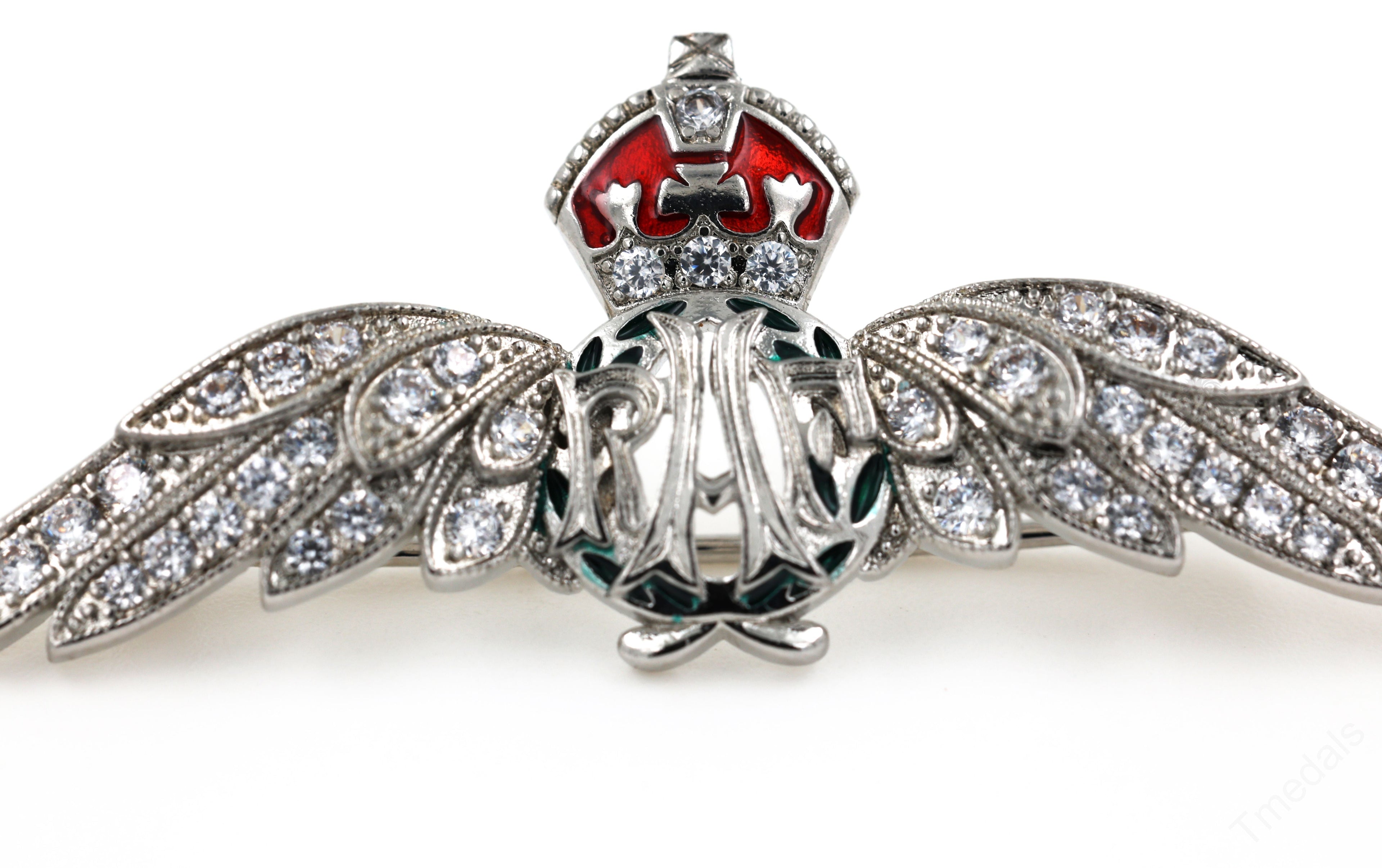 Cased UK RAF Pilot Wings Brooch Silver-Tone, Glass Rhinestones & Enamel detail view 7