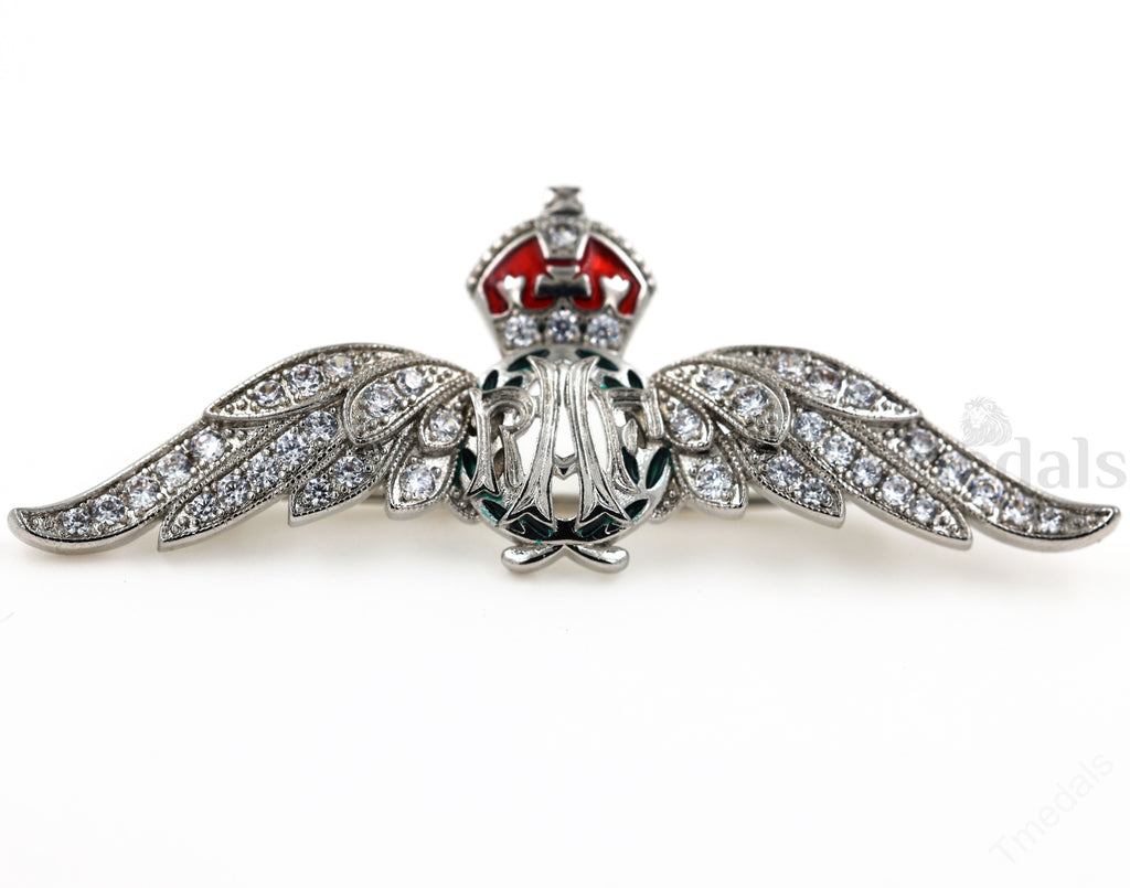 Cased UK RAF Pilot Wings Brooch Silver-Tone, Glass Rhinestones & Enamel reproduction