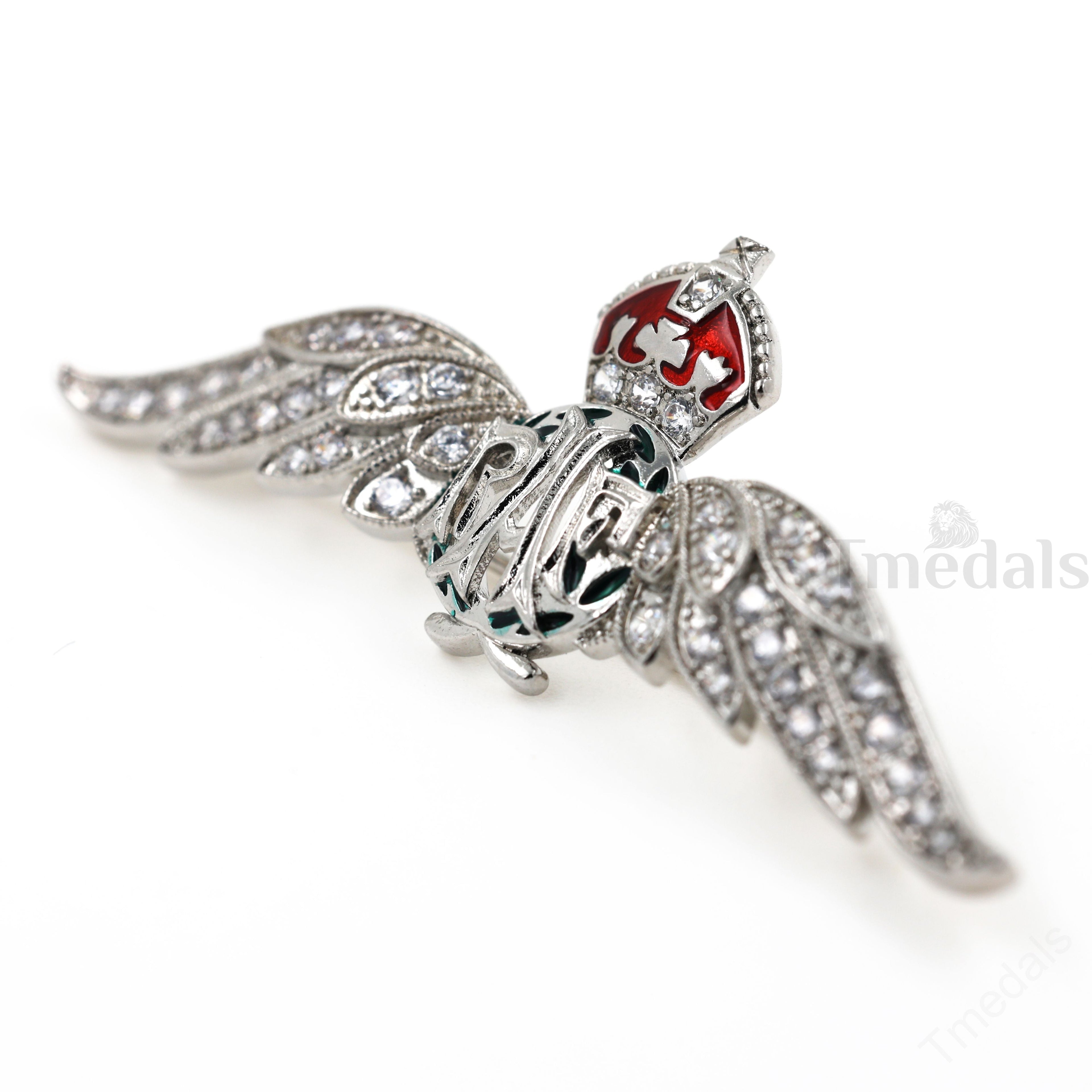 Cased UK RAF Pilot Wings Brooch Silver-Tone, Glass Rhinestones & Enamel detail view 9
