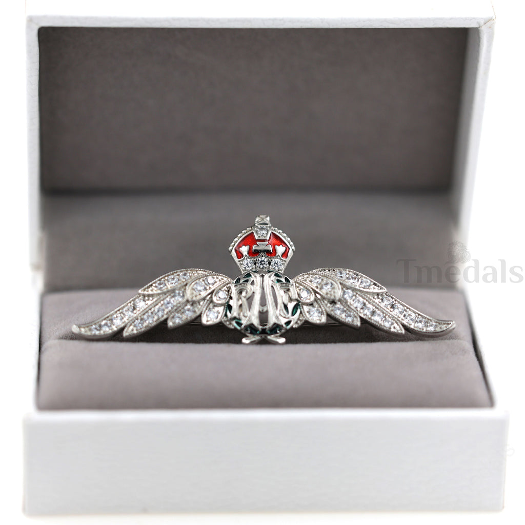 Cased UK RAF Pilot Wings Brooch Silver-Tone, Glass Rhinestones & Enamel detail view 10