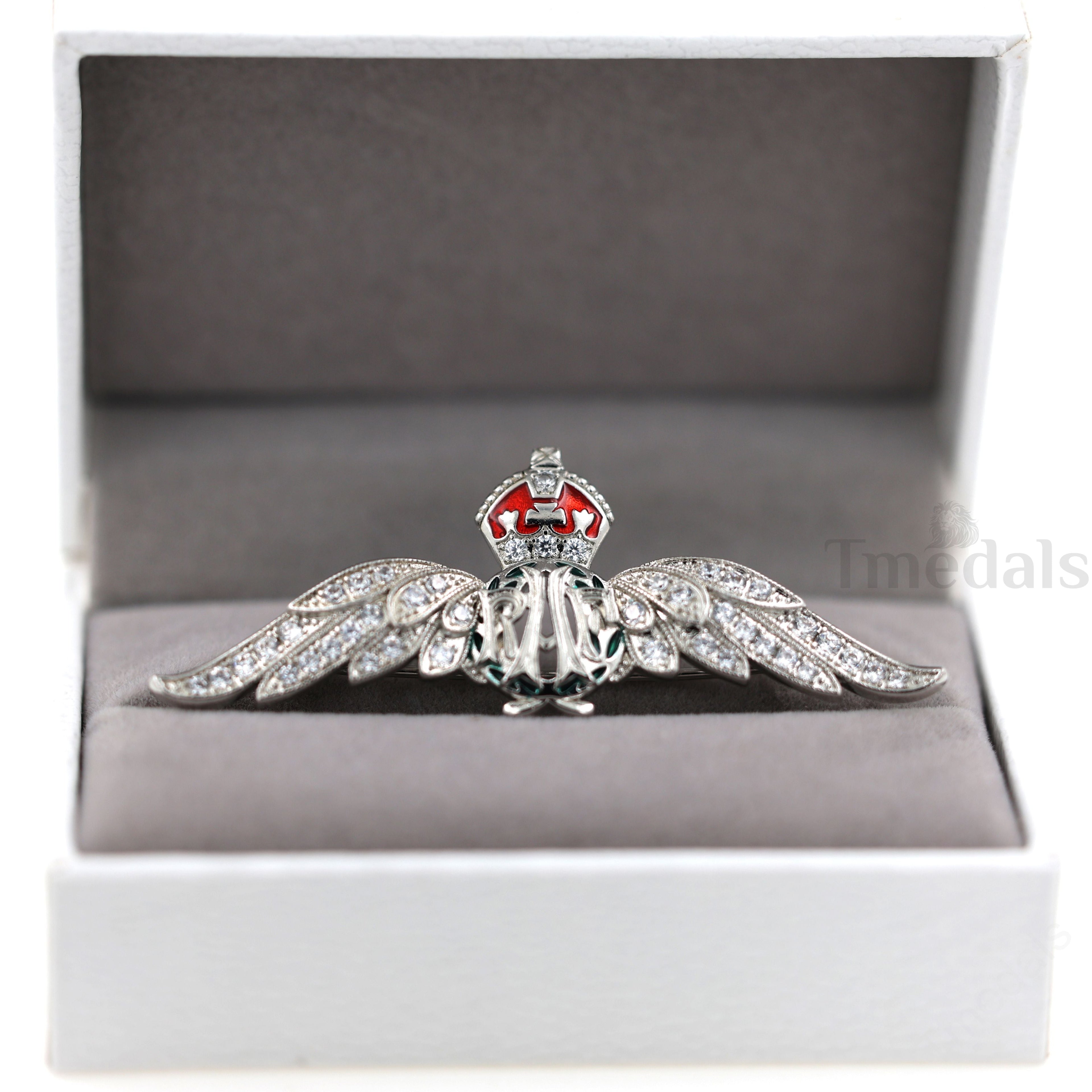 Cased UK RAF Pilot Wings Brooch Silver-Tone, Glass Rhinestones & Enamel detail view 10