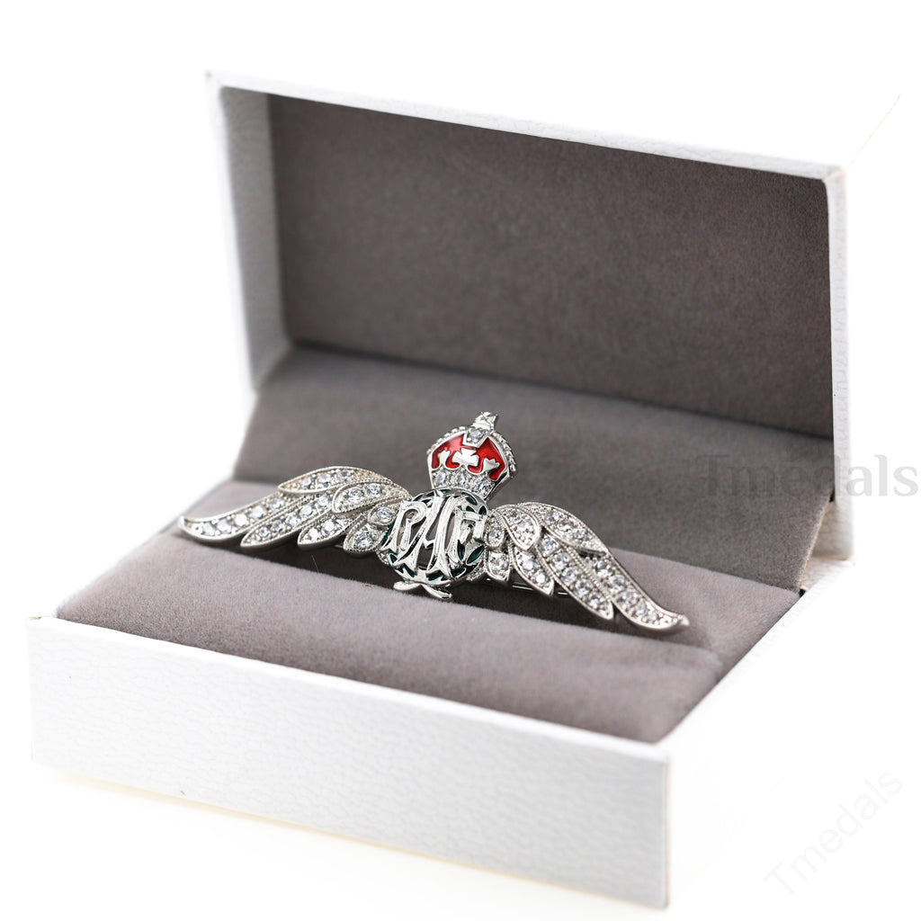 Cased UK RAF Pilot Wings Brooch Silver-Tone, Glass Rhinestones & Enamel detail view 12