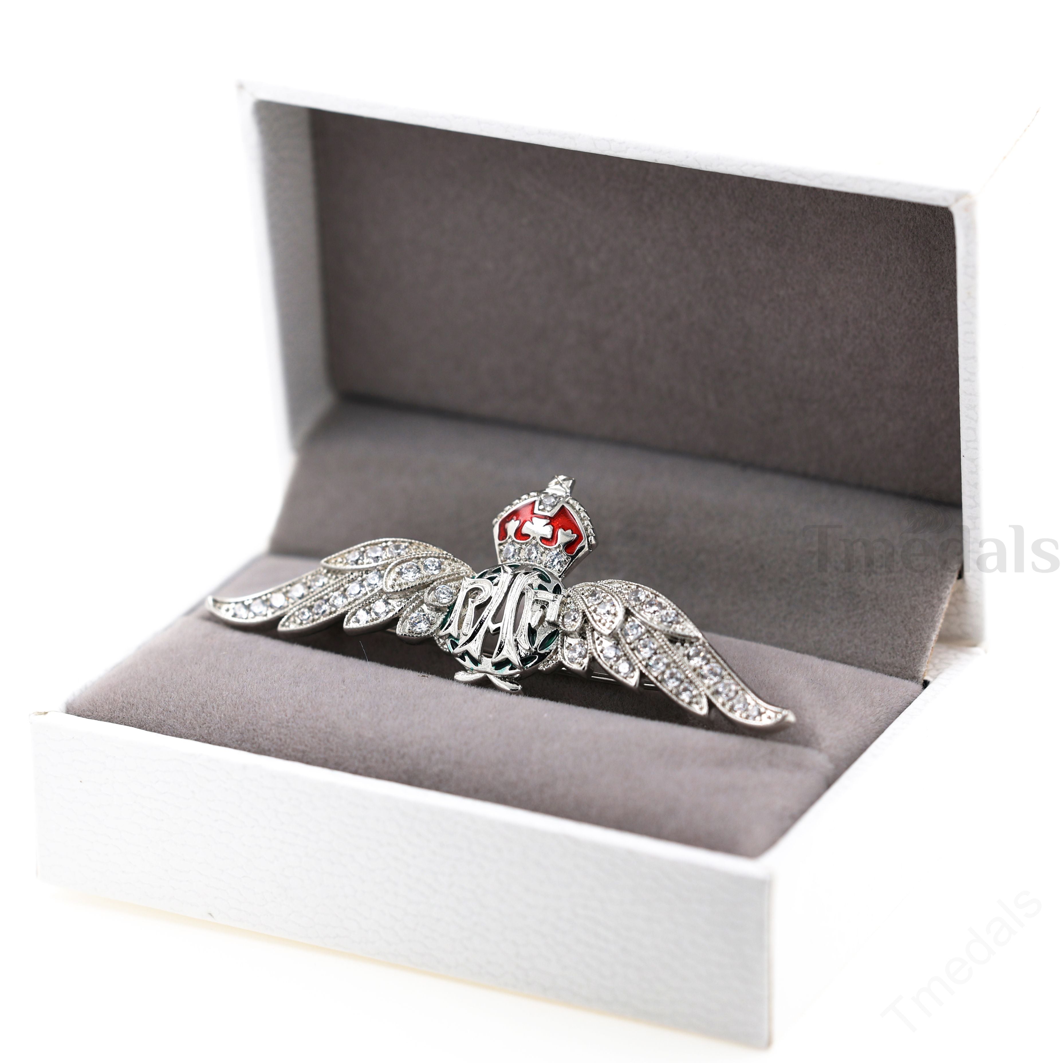 Cased UK RAF Pilot Wings Brooch Silver-Tone, Glass Rhinestones & Enamel detail view 12
