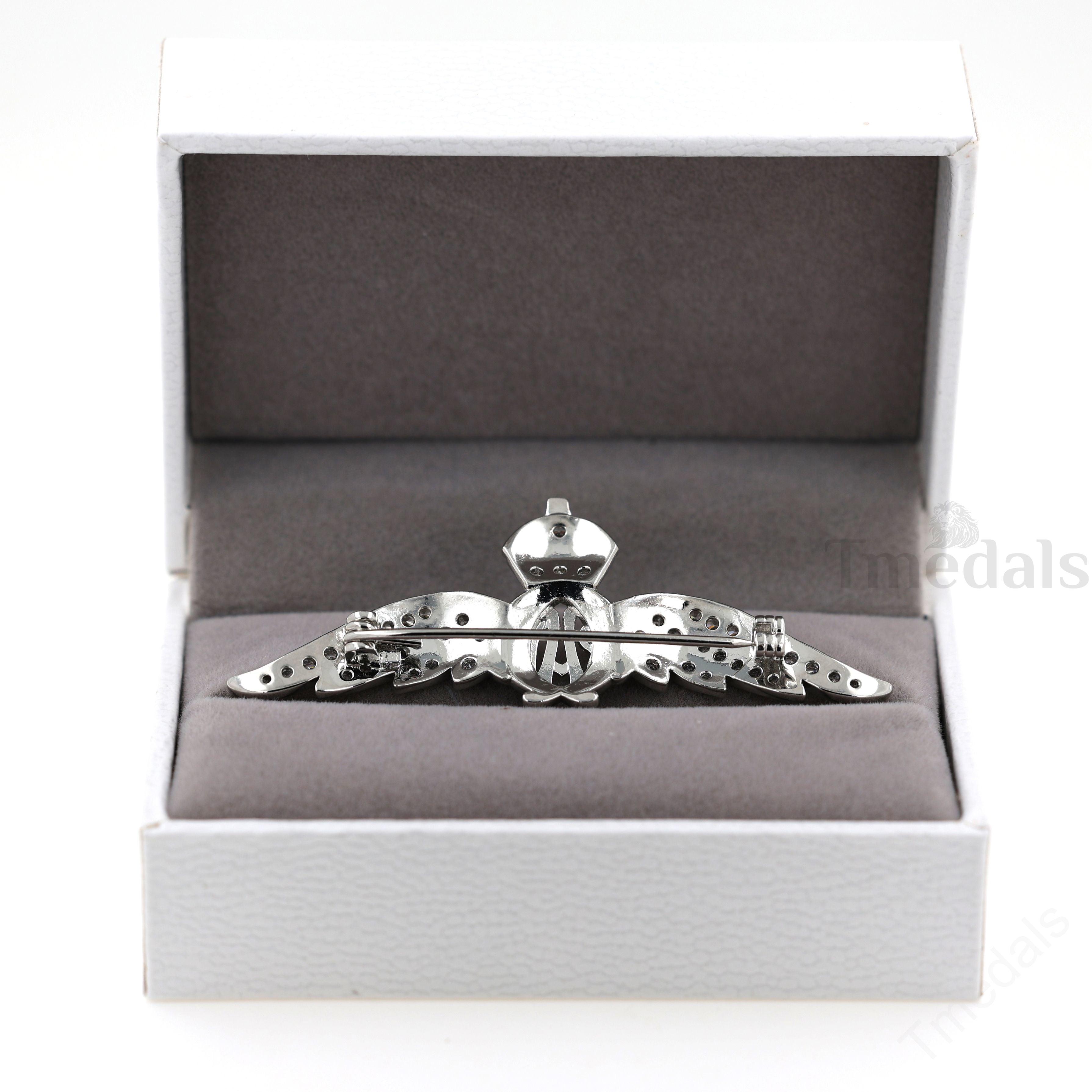 Cased UK RAF Pilot Wings Brooch Silver-Tone, Glass Rhinestones & Enamel detail view 13