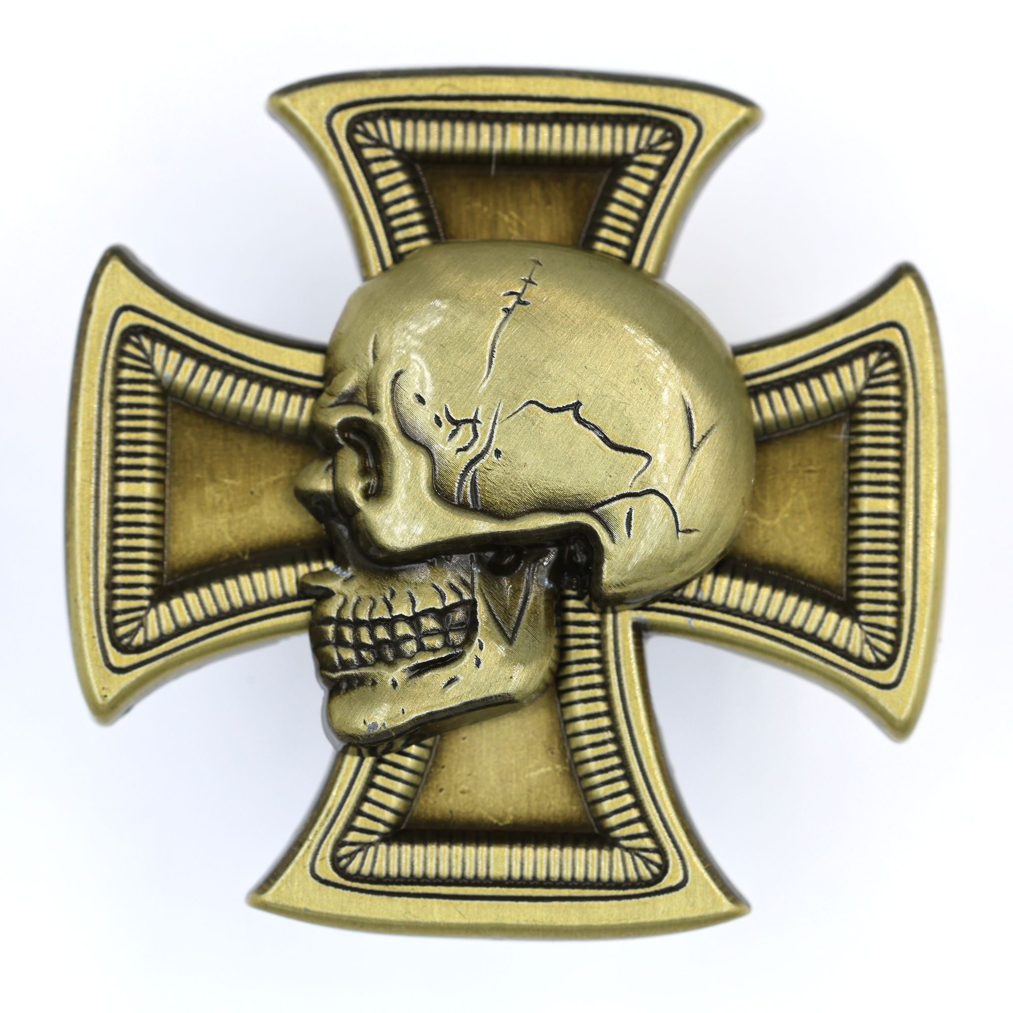 Skull Cross Pin WWII German-Inspired – Antique Brass 3D Fantasy Lapel Badge reproduction