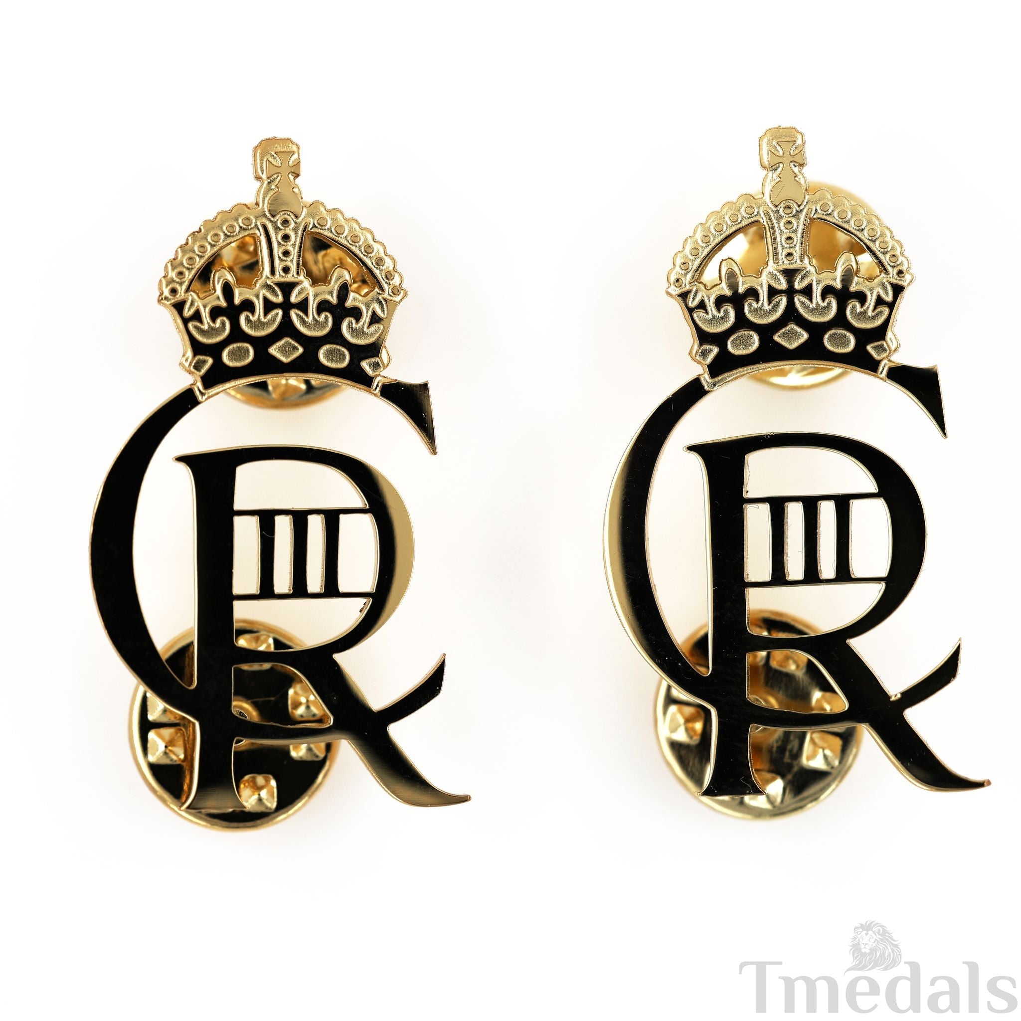 King Charles Iii Ciiir Cypher Badge Pair Brass Real Gold Plated - UK detail view 3