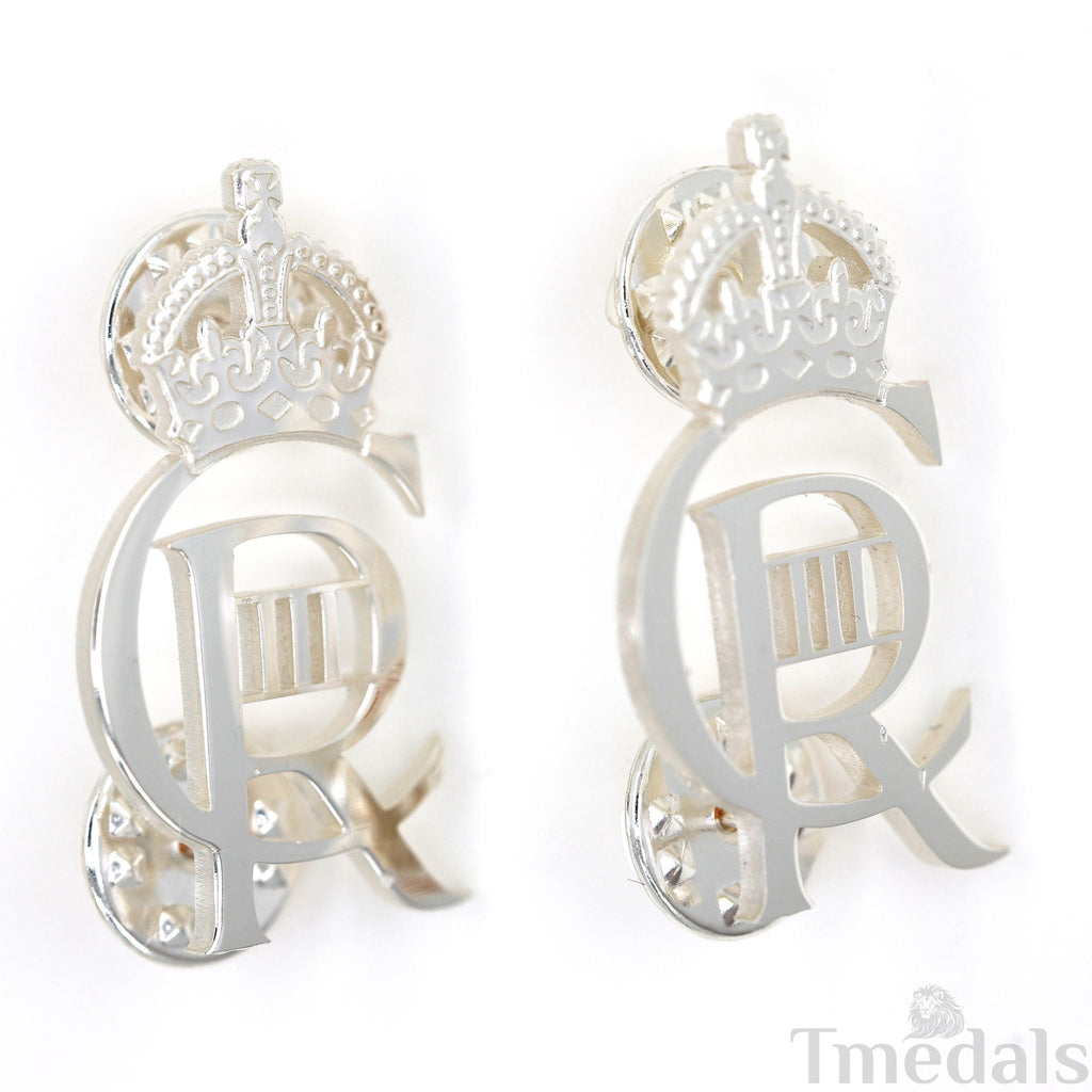King Charles Iii Ciiir Cypher Badge Pair Brass Real Silver Plated - UK reproduction