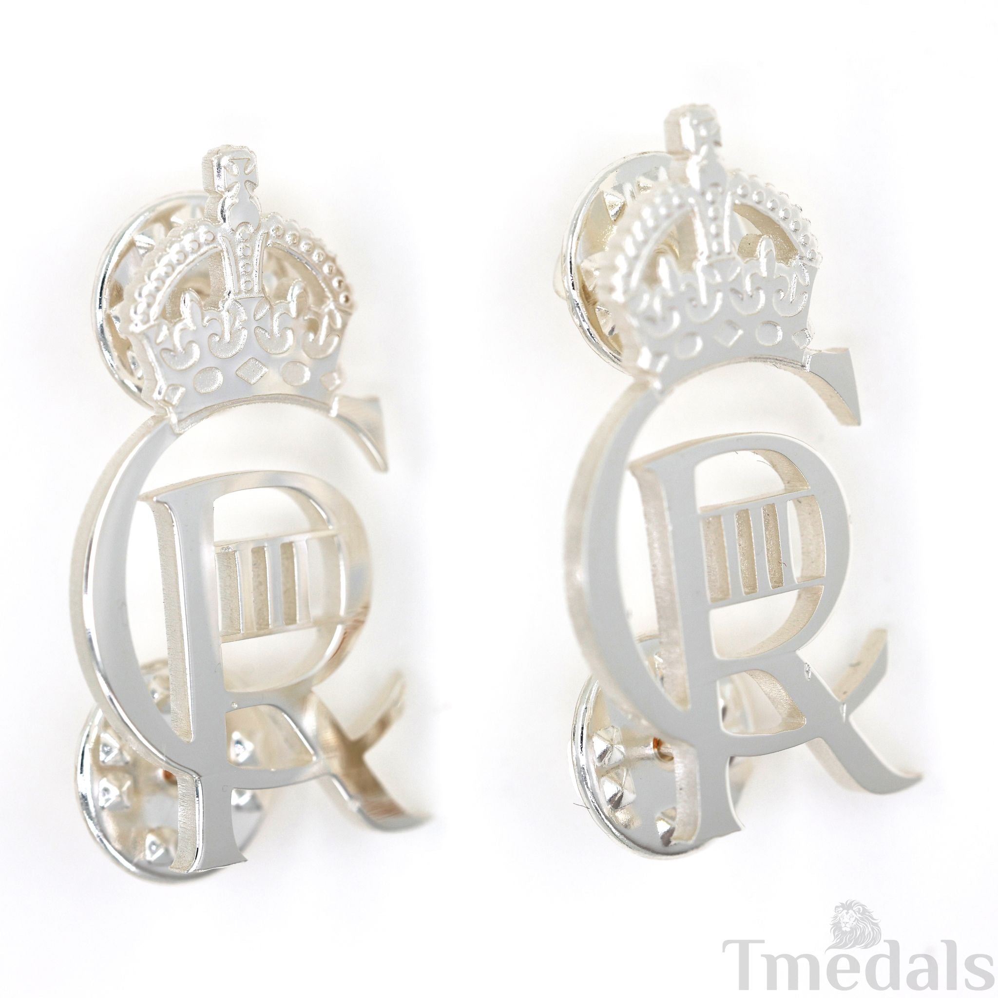 King Charles Iii Ciiir Cypher Badge Pair Brass Real Silver Plated - UK reproduction