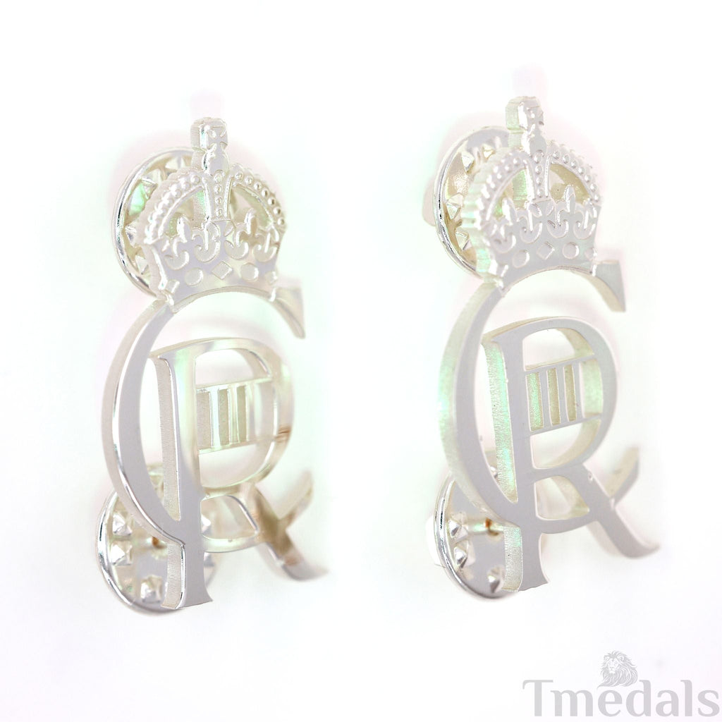 King Charles Iii Ciiir Cypher Badge Pair Brass Real Silver Plated - UK detail view 2