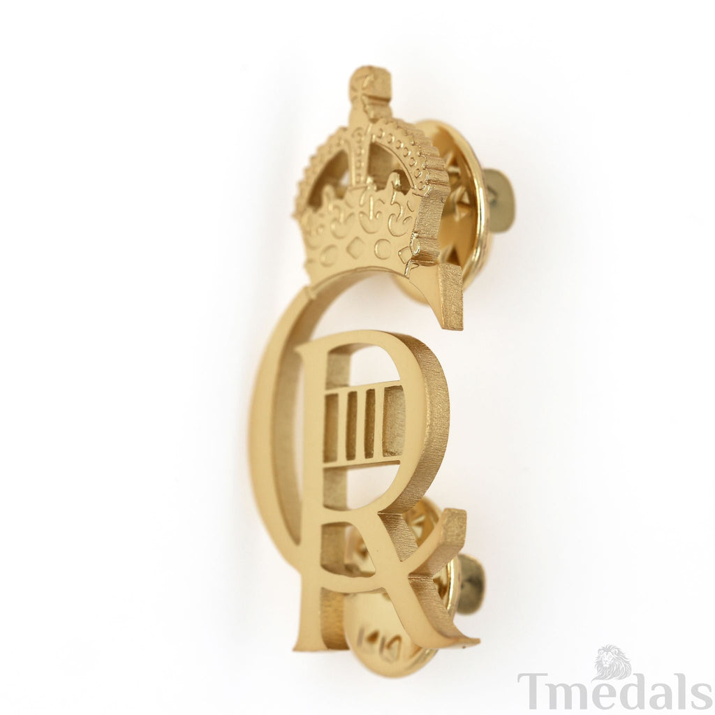 King Charles Iii Ciiir Cypher Badge Pair Brass Real Gold Plated - UK detail view 7