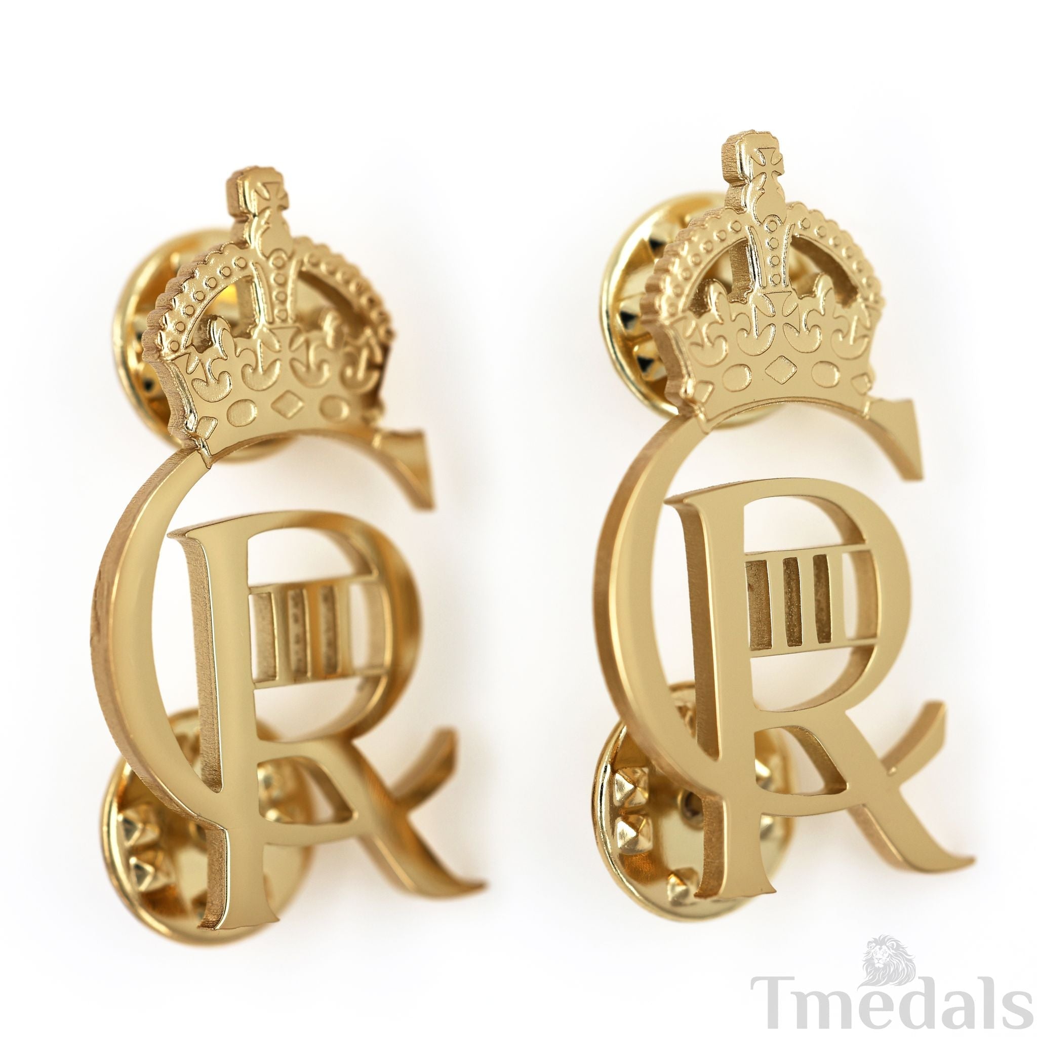 King Charles Iii Ciiir Cypher Badge Pair Brass Real Gold Plated - UK detail view 10