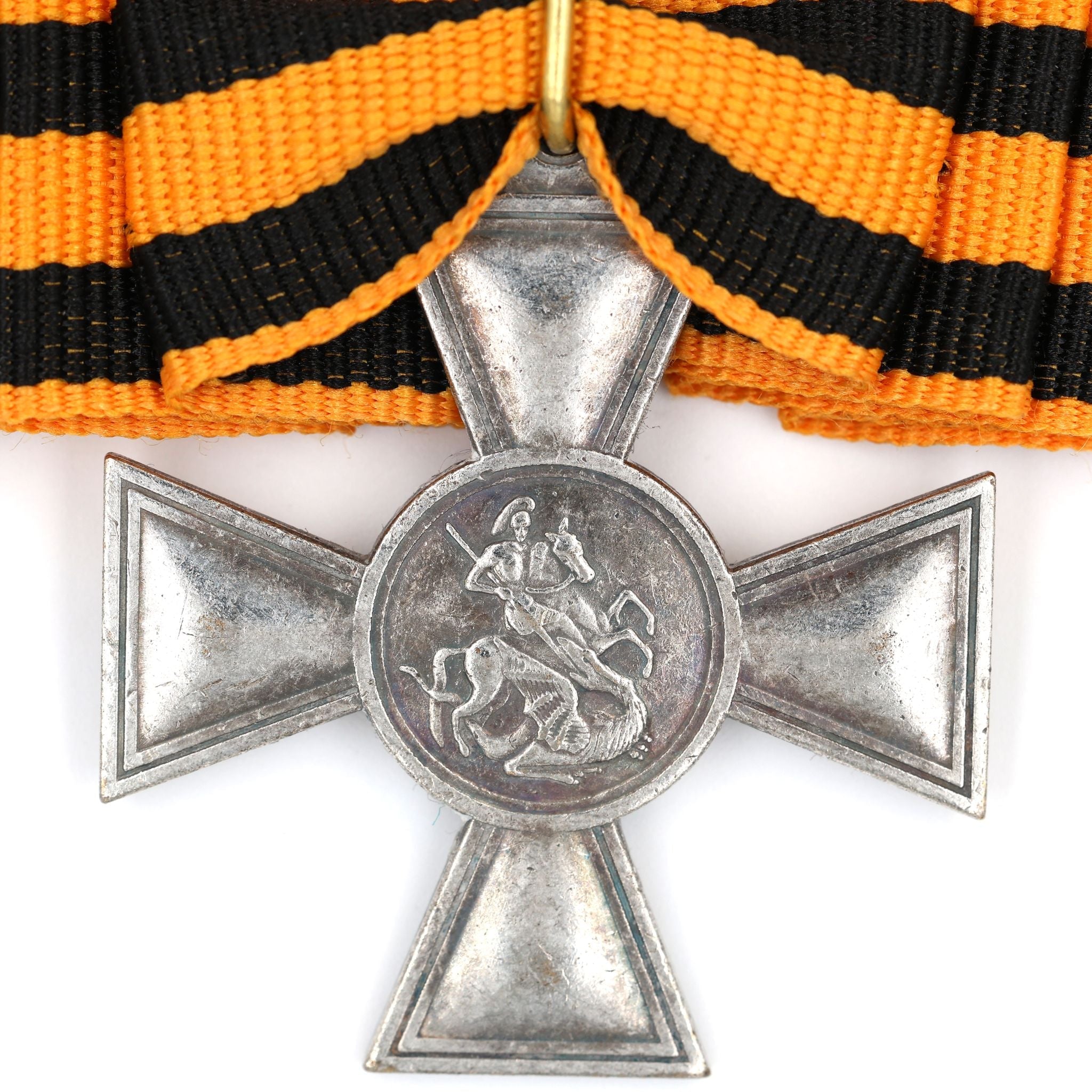 Imperial Russian St George Cross 3rd Class w Bow Ribbon Pinback detail view 3