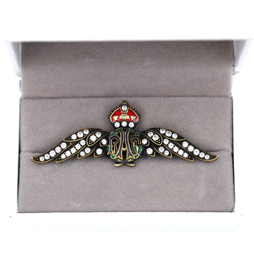 Cased Uk RAF Pilot Wings Brooch – Gold-Tone, Rhinestones & Enamel Crown () detail view 15