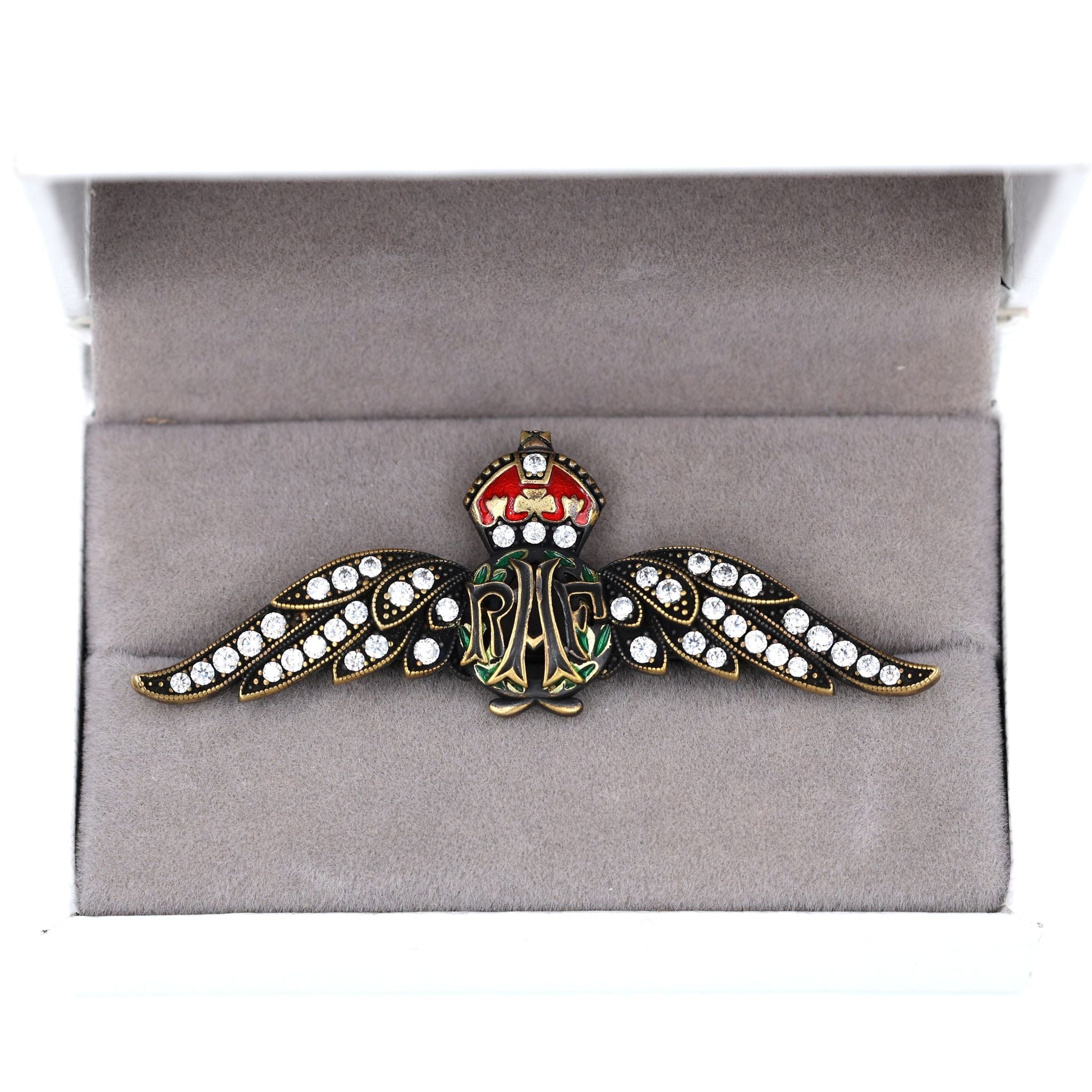 Cased Uk RAF Pilot Wings Brooch – Gold-Tone, Rhinestones & Enamel Crown () detail view 15
