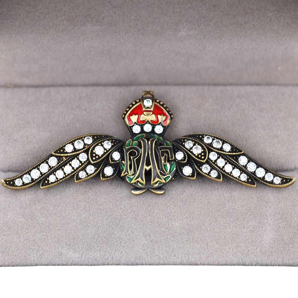 Cased Uk RAF Pilot Wings Brooch – Gold-Tone, Rhinestones & Enamel Crown () detail view 16