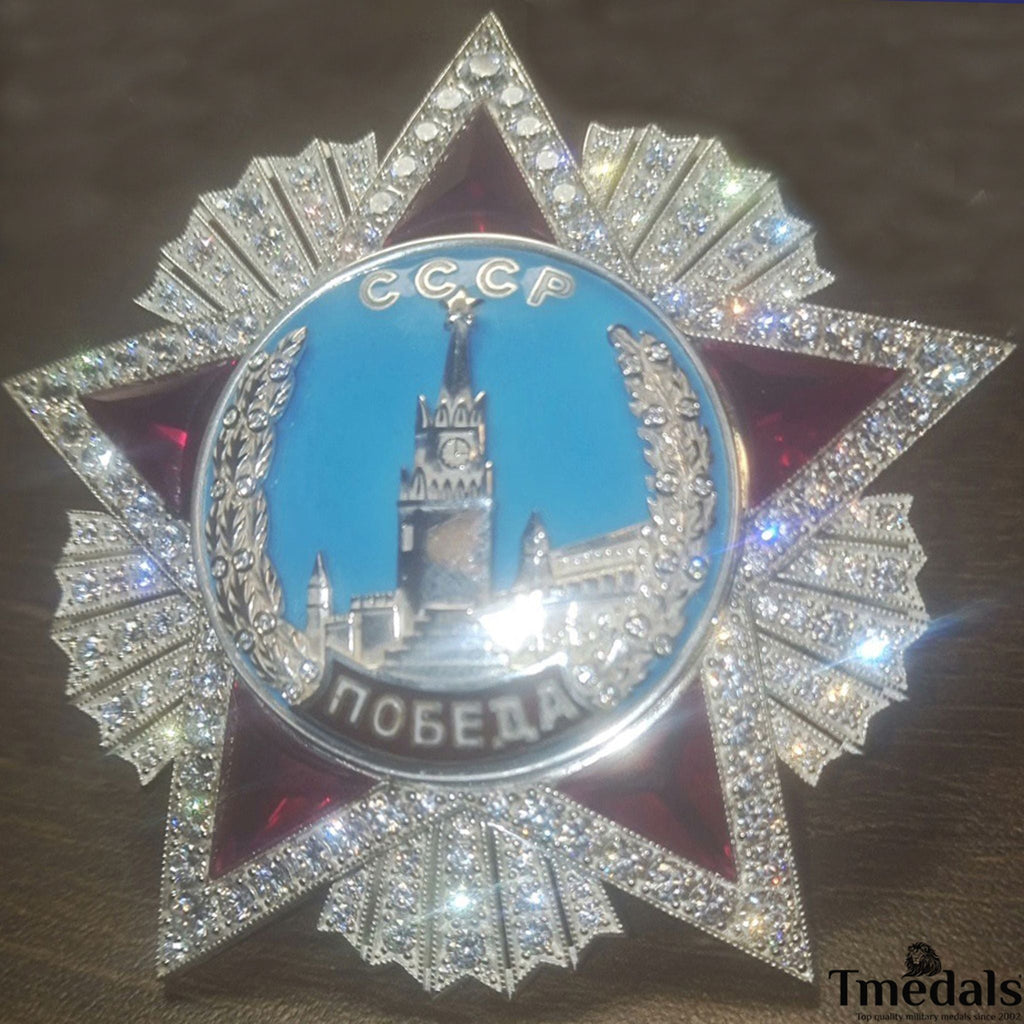 USSR Order of Victory Medal 925 Silver Real Enamel Ruby Moissanite replica