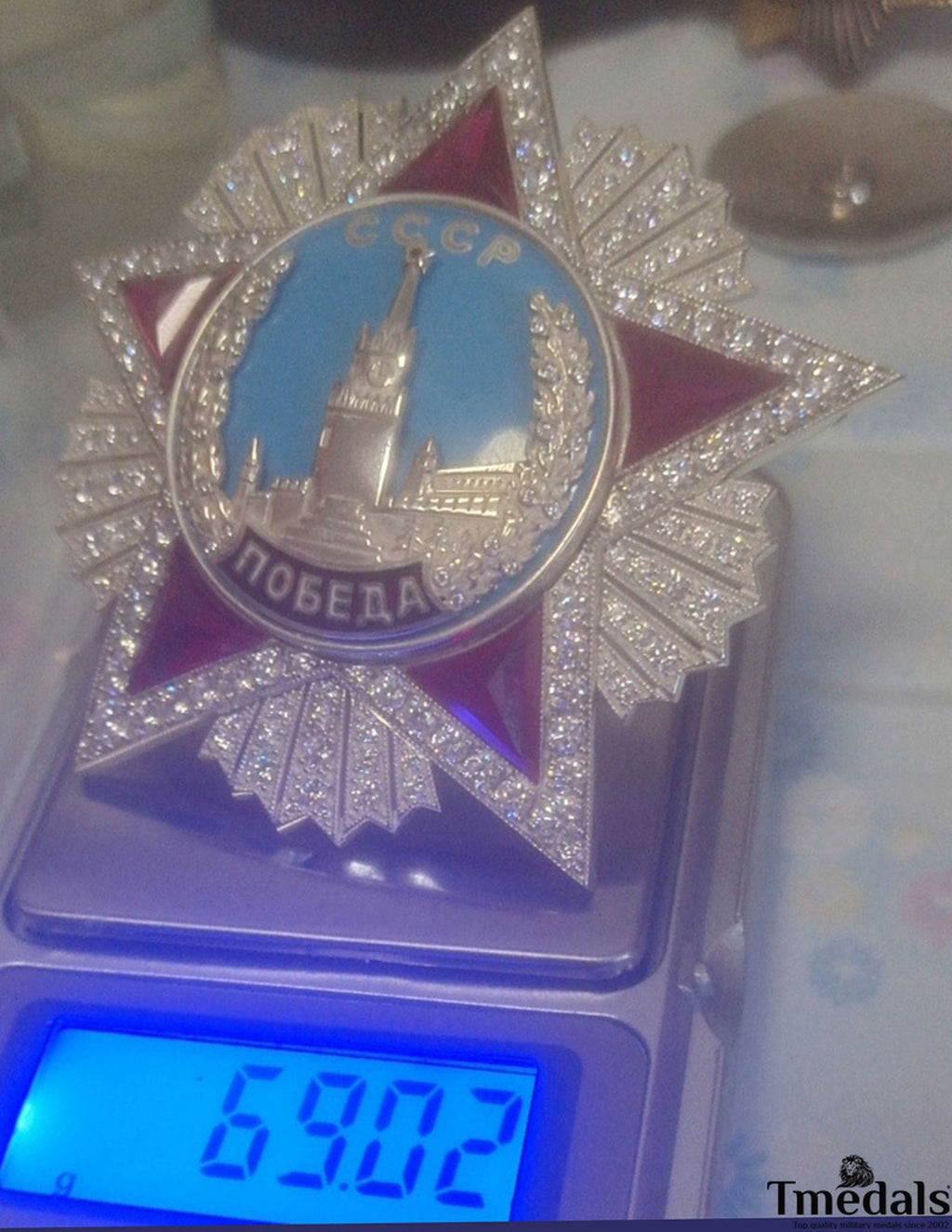 USSR Order of Victory Medal 925 Silver Real Enamel Ruby Moissanite detail view 7